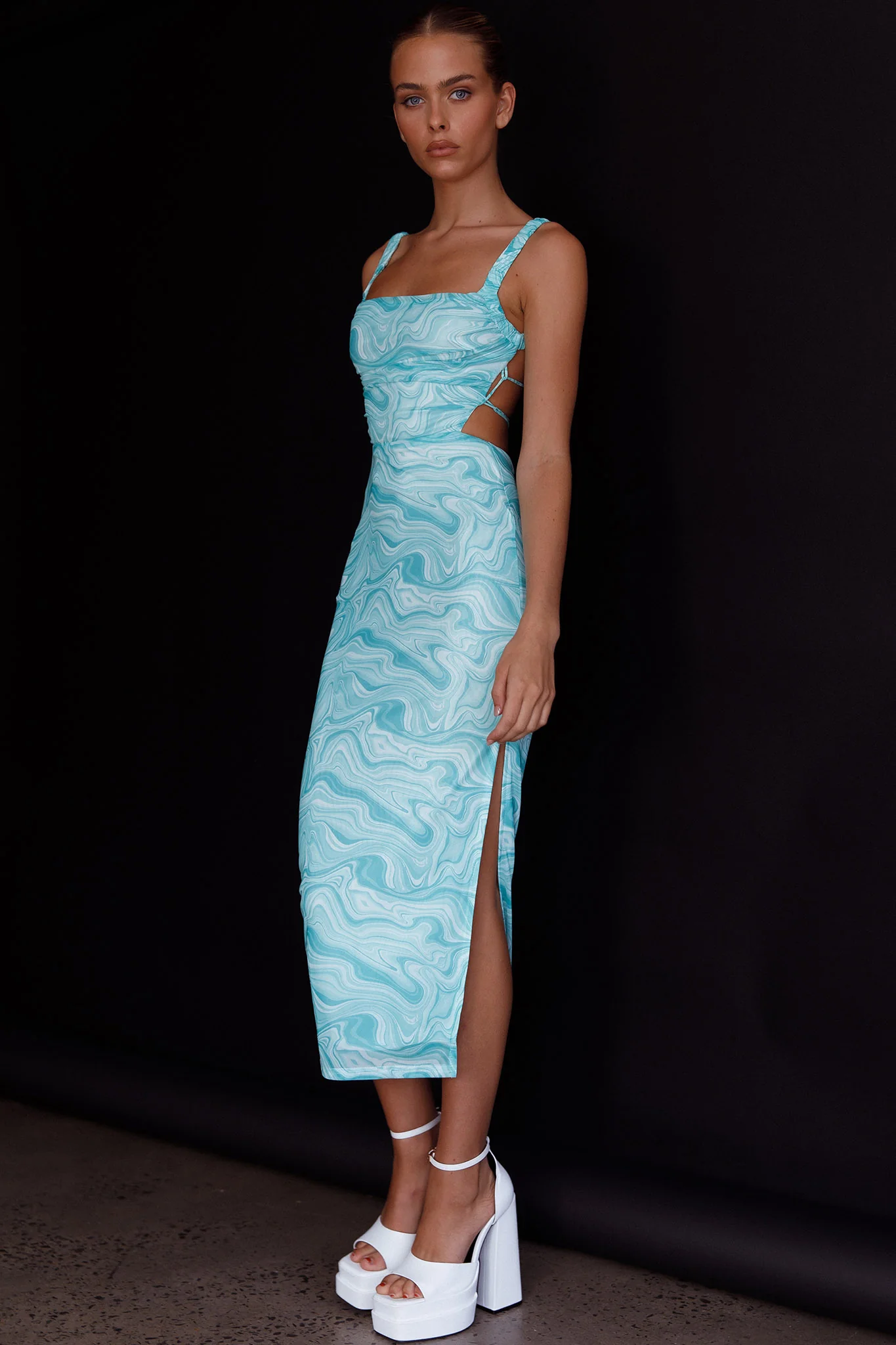 Dream Crush Lace-Up Back Side Split Midi Dress Marbled Green - Image 3