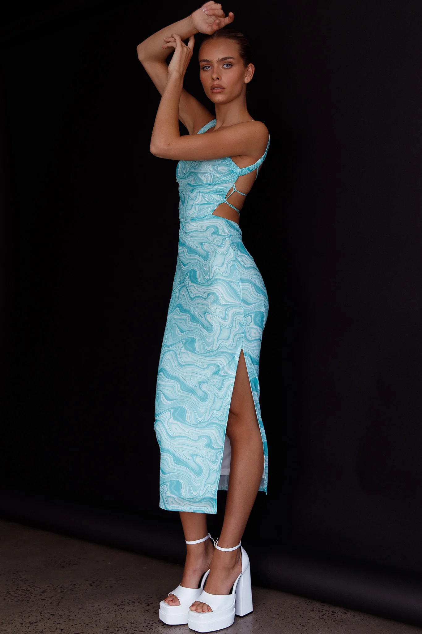 Dream Crush Lace-Up Back Side Split Midi Dress Marbled Green - Image 7