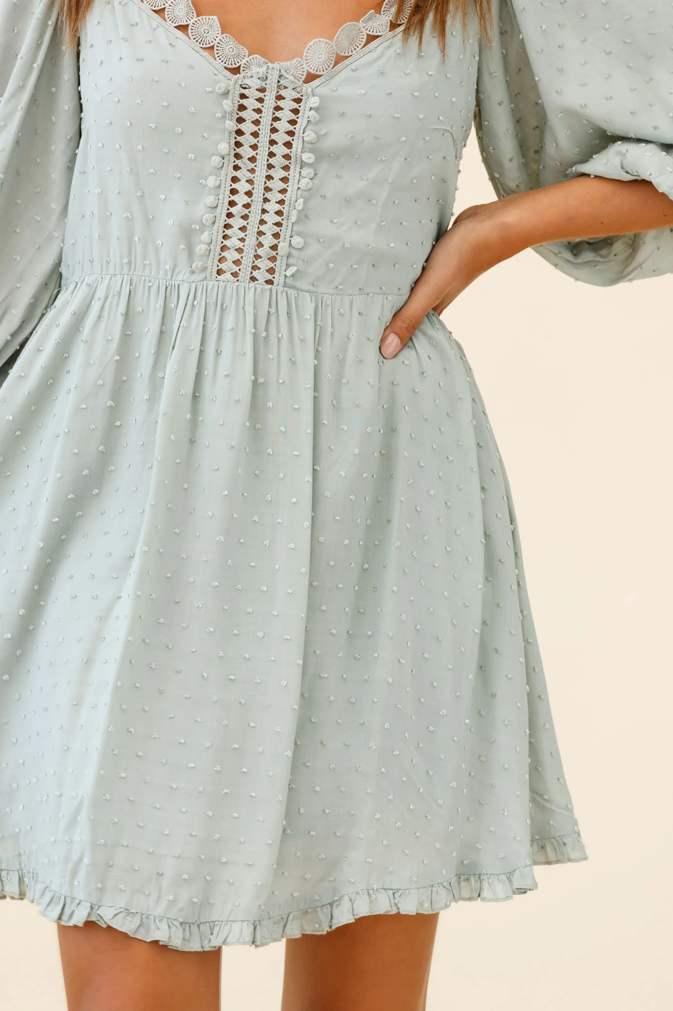 Dream Lover Puff Sleeve Crochet Insert Dress Olive - Image 4