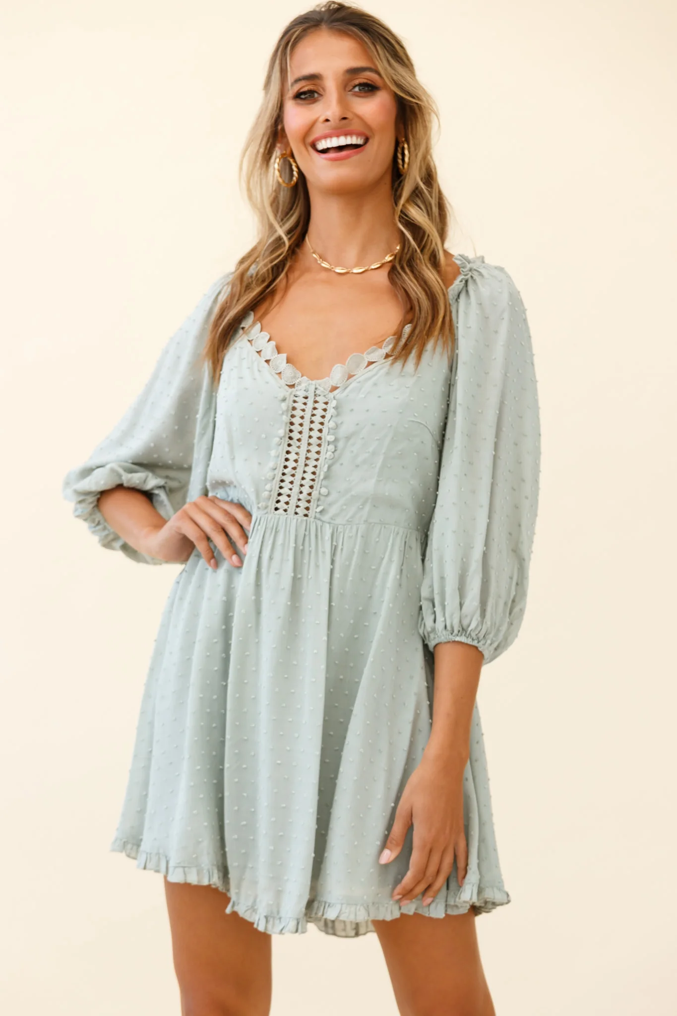 Dream Lover Puff Sleeve Crochet Insert Dress Olive - Image 6