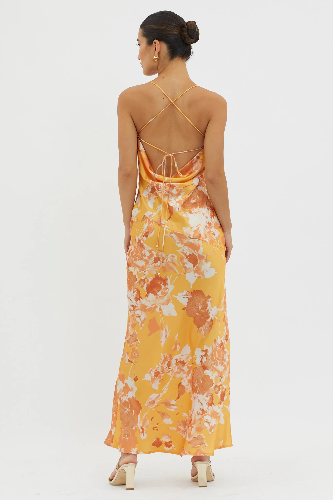 Dream Walk Cowl Back Tied Dress Print Orange - Image 2
