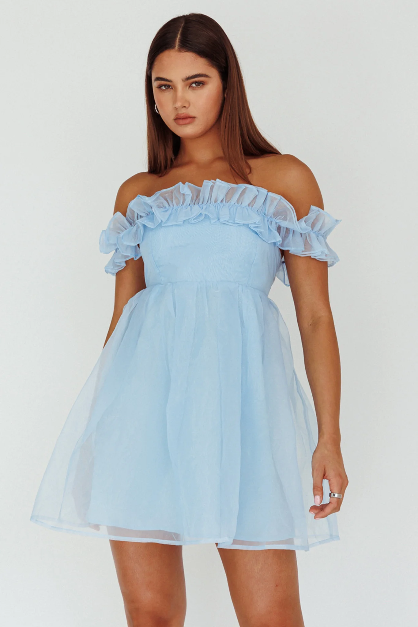 Dreamers Off-Shoulder Frill Mini Dress Light Blue - Image 6