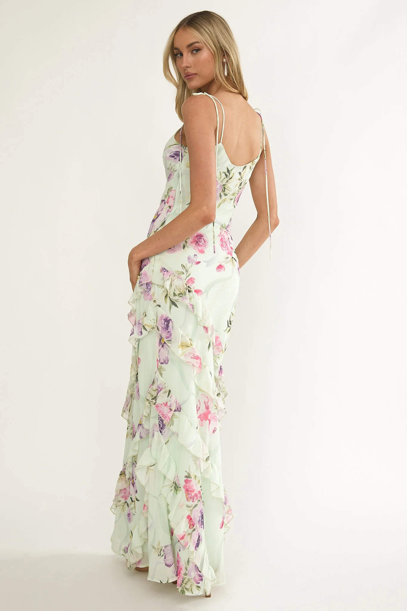 Dreamy Day Ruffle Trim Maxi Dress Mint Floral - Image 3