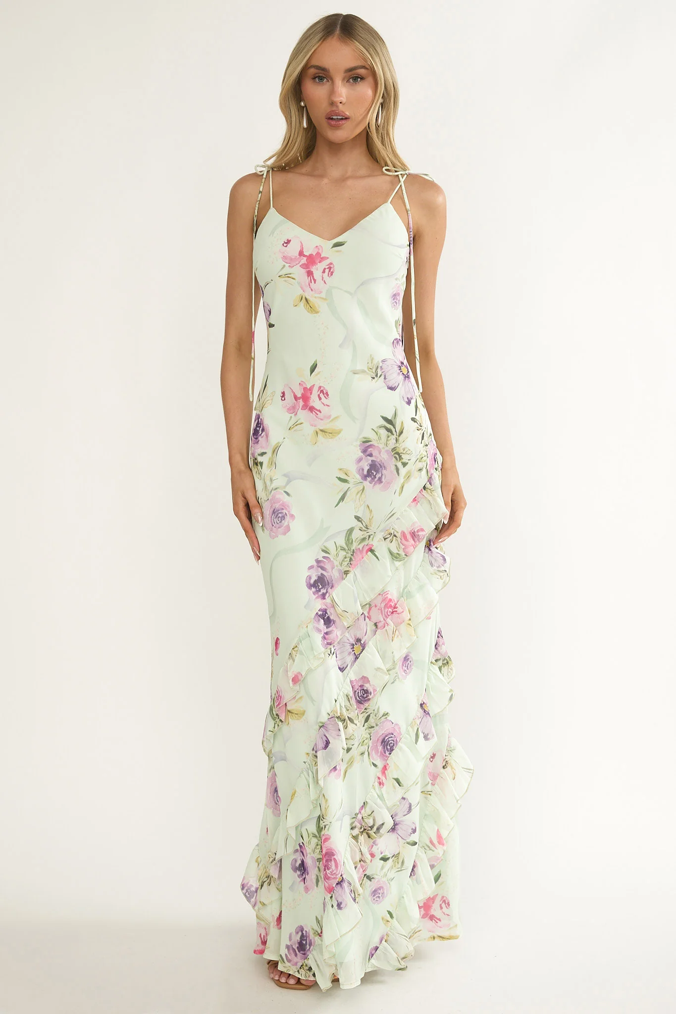 Dreamy Day Ruffle Trim Maxi Dress Mint Floral - Image 4
