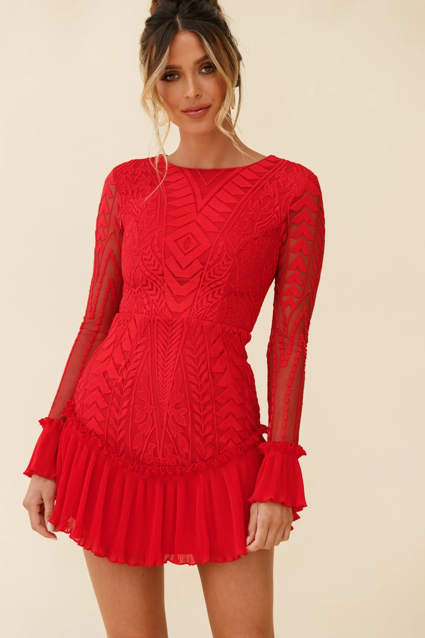Dreamy Long Sleeve Mini Dress Red - Image 9