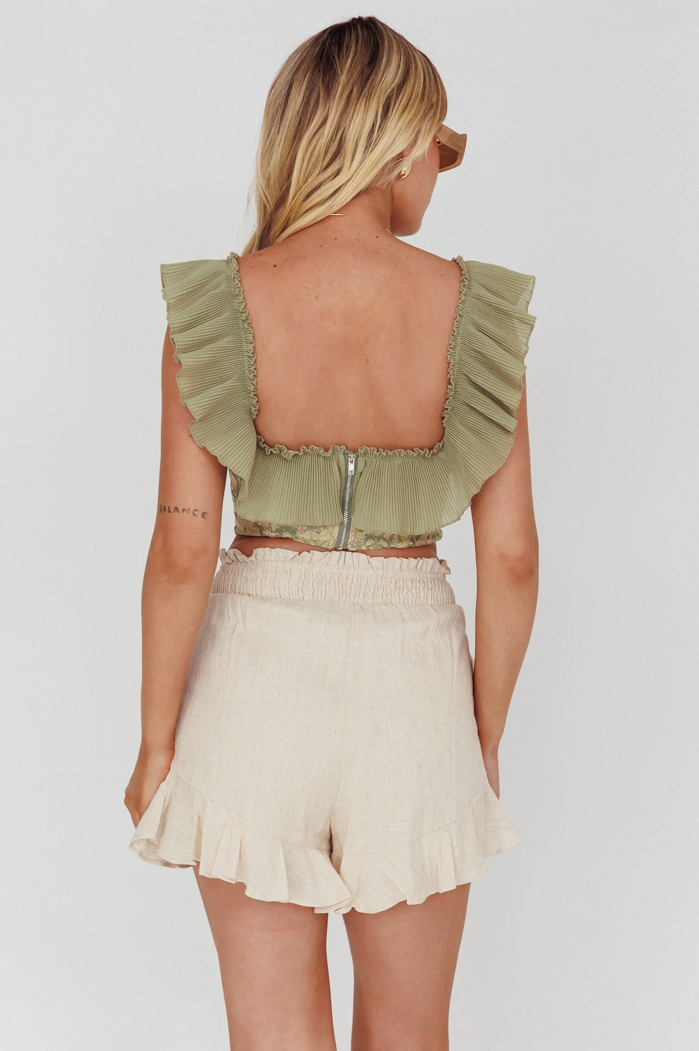 Dreamy On Or Off-Shoulder Frill Crop Top Beige/Olive - Image 2