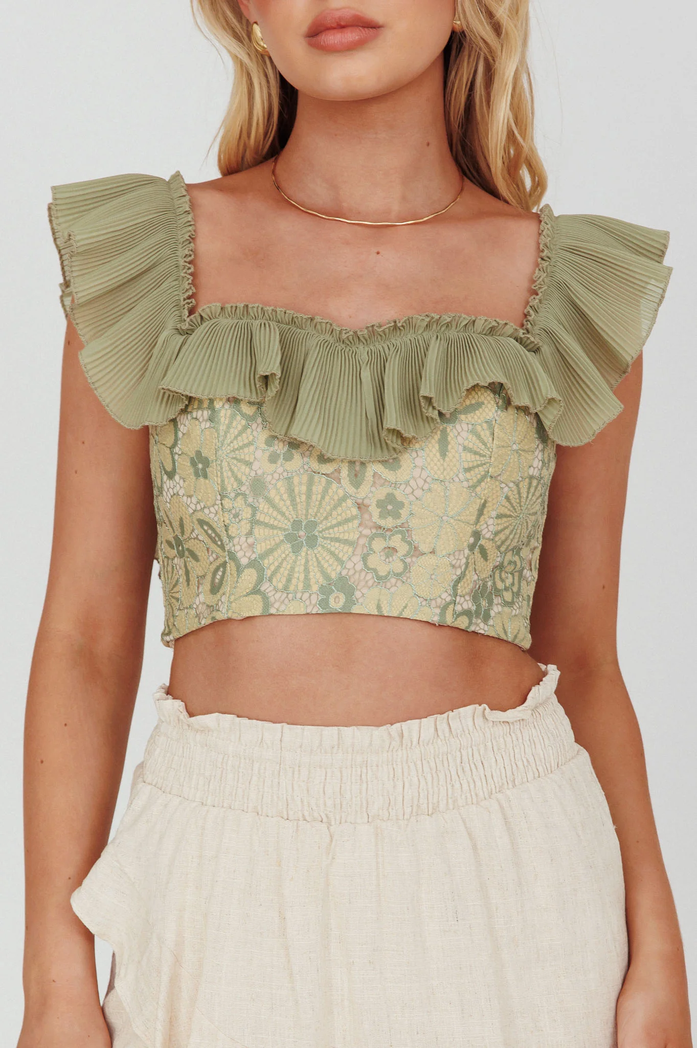 Dreamy On Or Off-Shoulder Frill Crop Top Beige/Olive - Image 4
