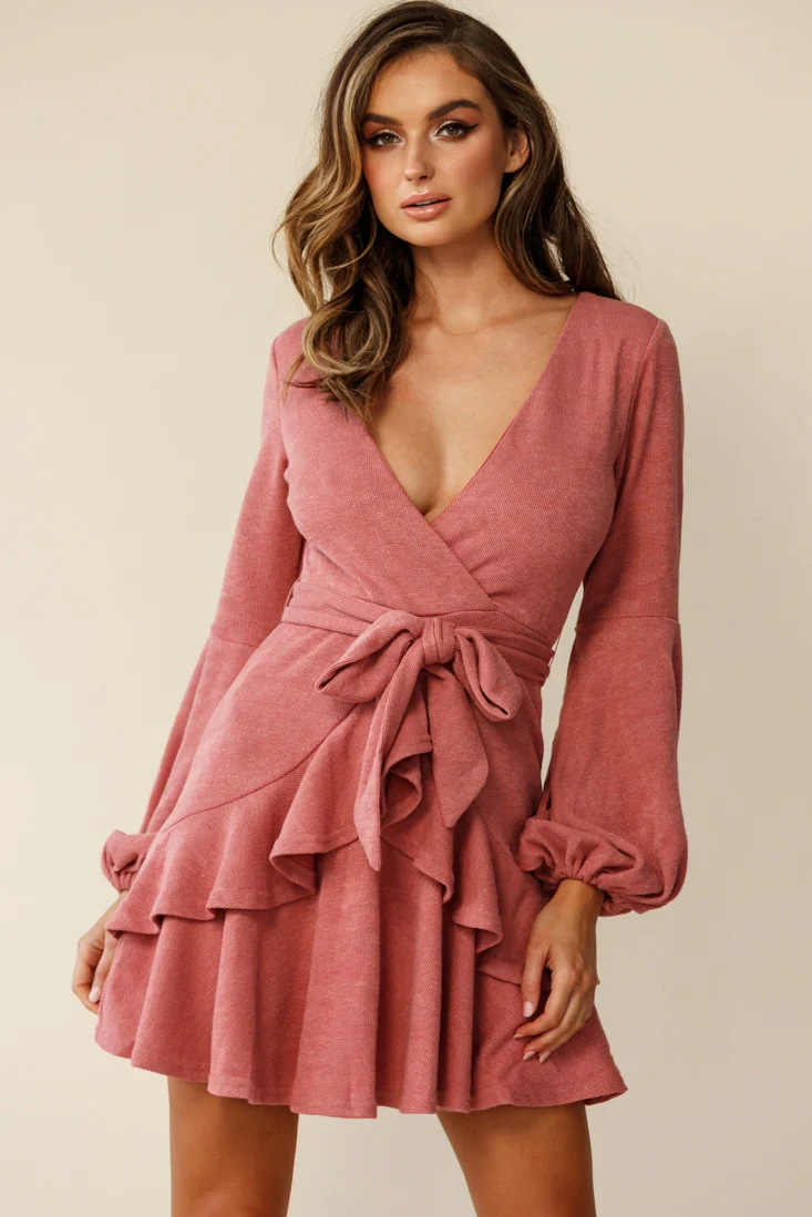 Dresden Long Sleeve Ruffle Detail Knit Dress Rose - Image 5