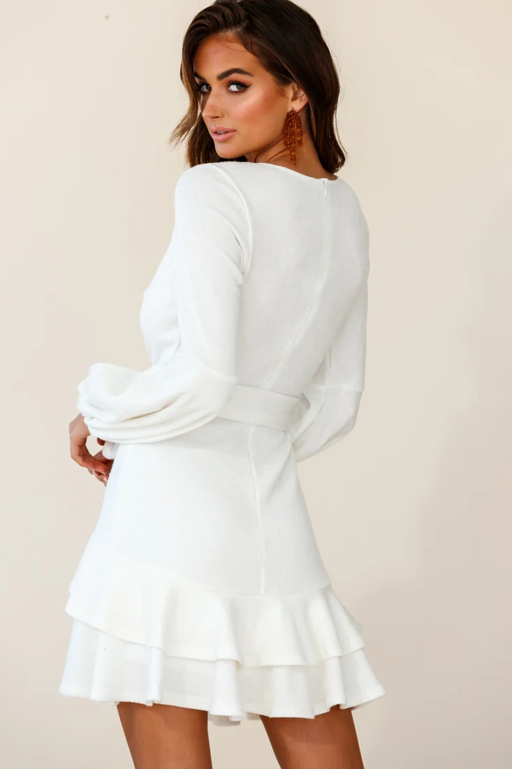 Dresden Long Sleeve Ruffle Detail Knit Dress White - Image 3