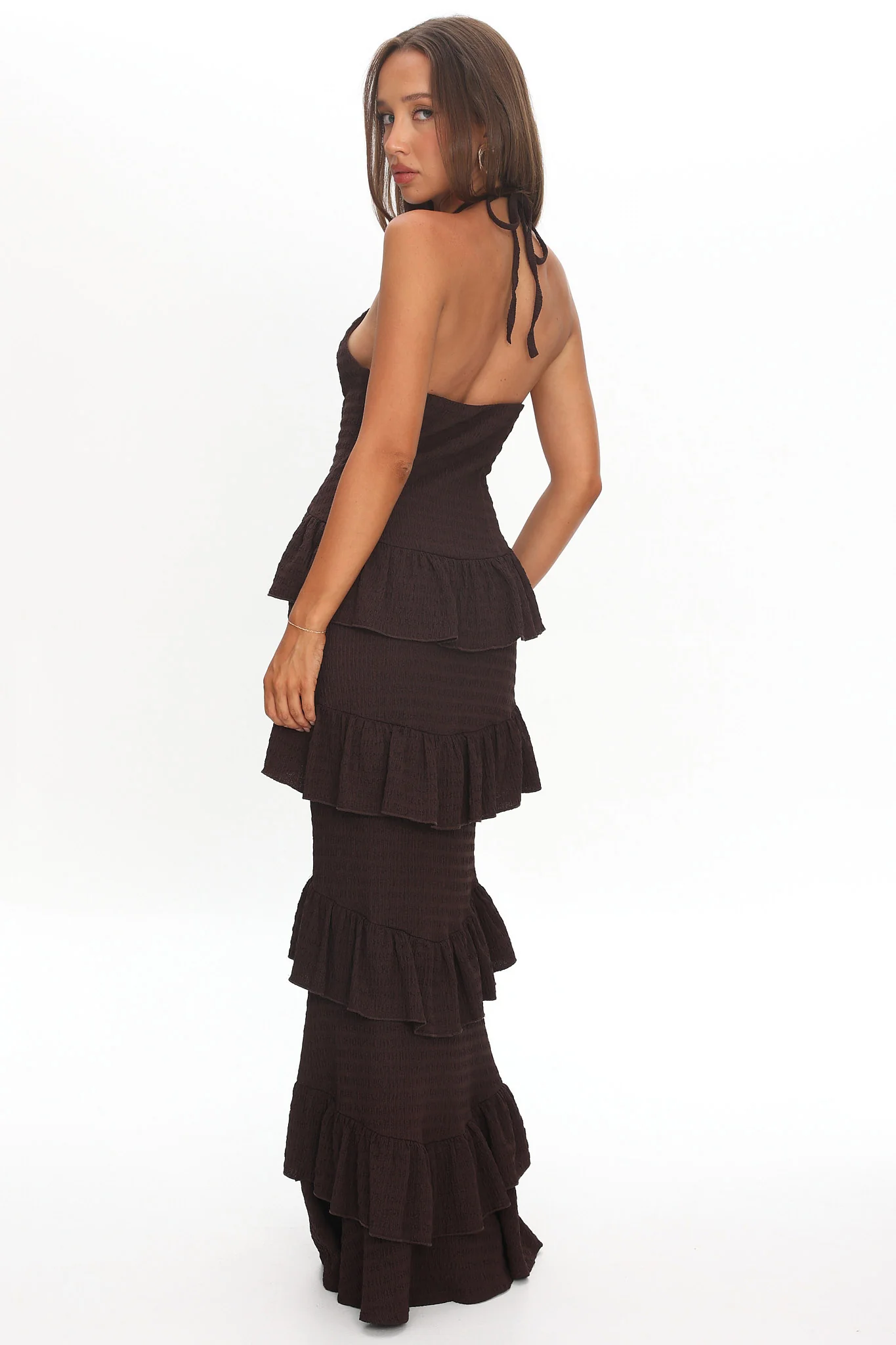 Dulce Dreams Halterneck Frill Maxi Dress Chocolate - Image 3