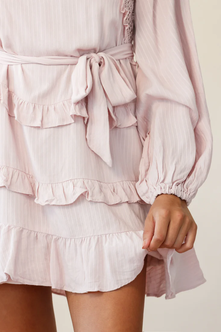 Dusk Long Sleeve Waist Tie Frill Dress Blush - Image 4