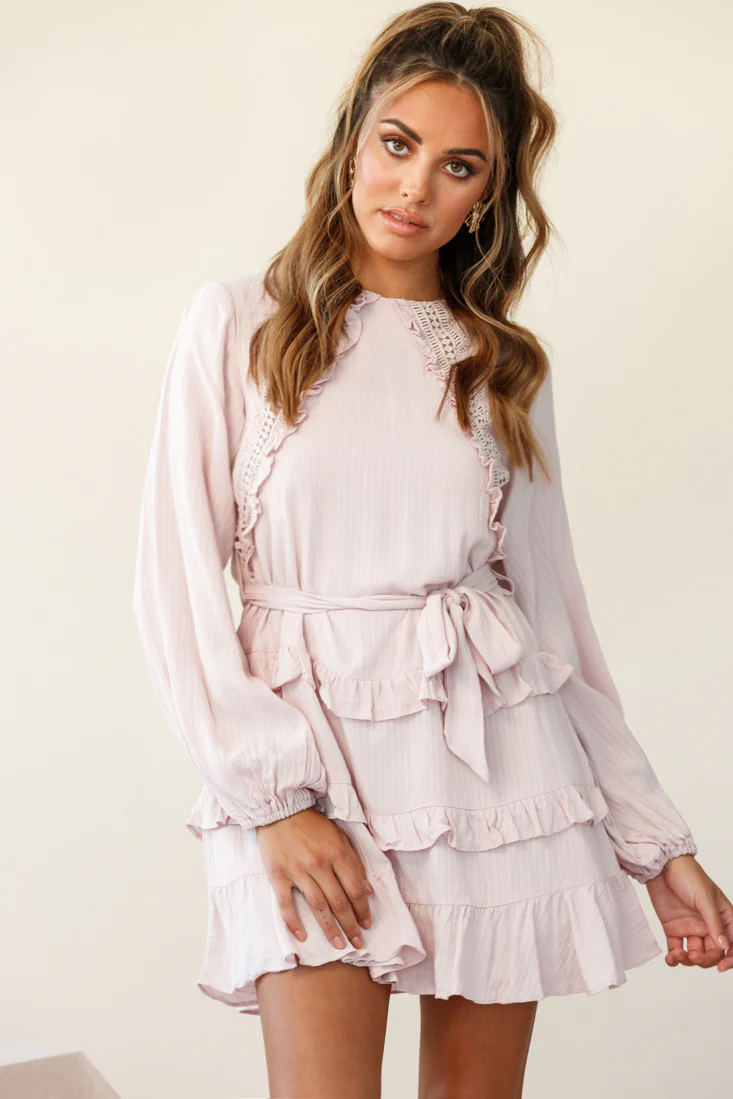Dusk Long Sleeve Waist Tie Frill Dress Blush - Image 5