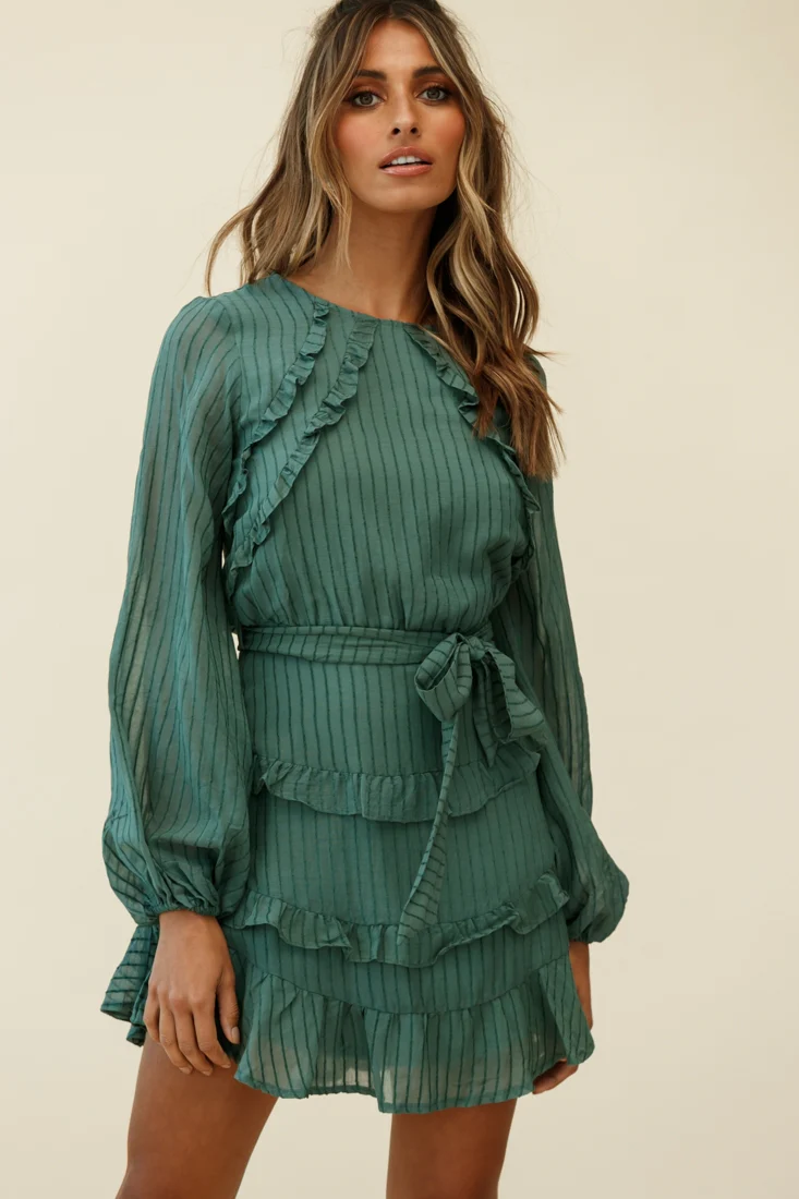 Dusk Long Sleeve Waist Tie Frill Dress Thin Stripe Green - Image 3