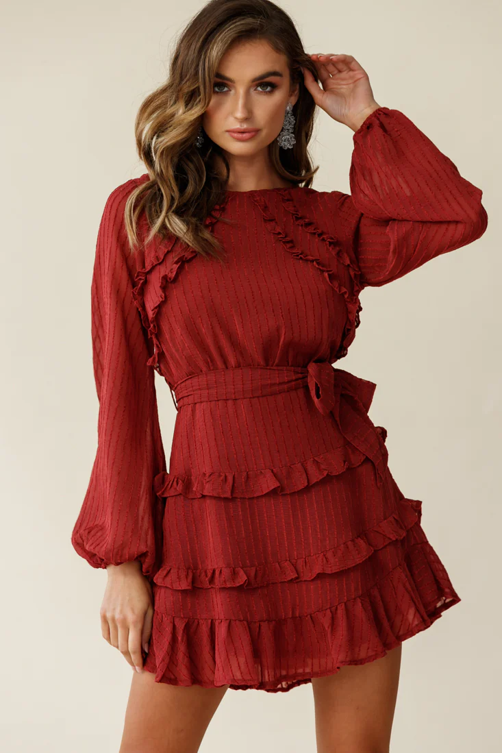Dusk Long Sleeve Waist Tie Frill Dress Thin Stripe Wine - Image 6