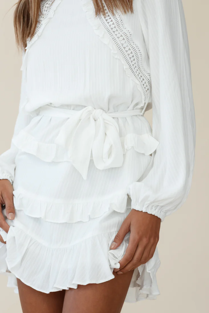 Dusk Long Sleeve Waist Tie Frill Dress White - Image 8