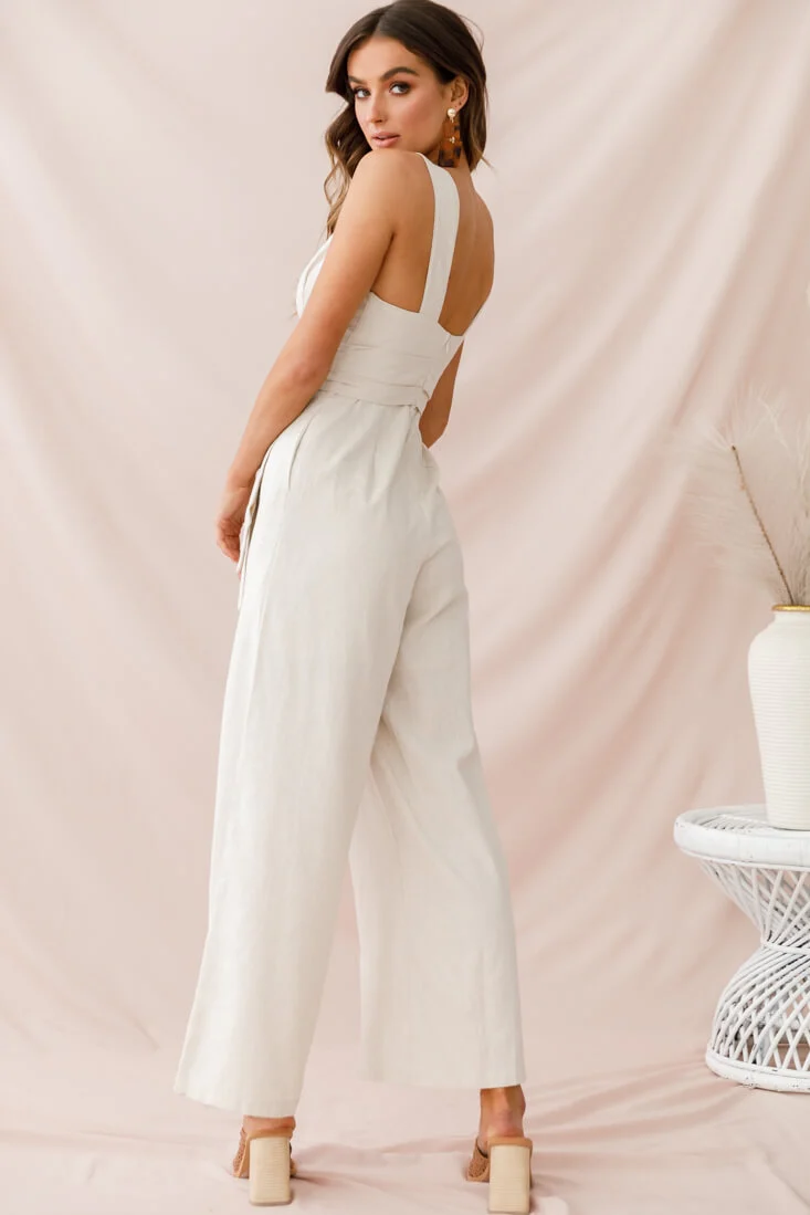 Dylan V-Neckline Wide Leg Jumpsuit Beige - Image 4