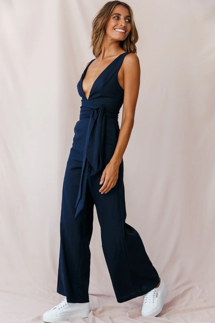 Dylan V-Neckline Wide Leg Jumpsuit Navy - Image 2