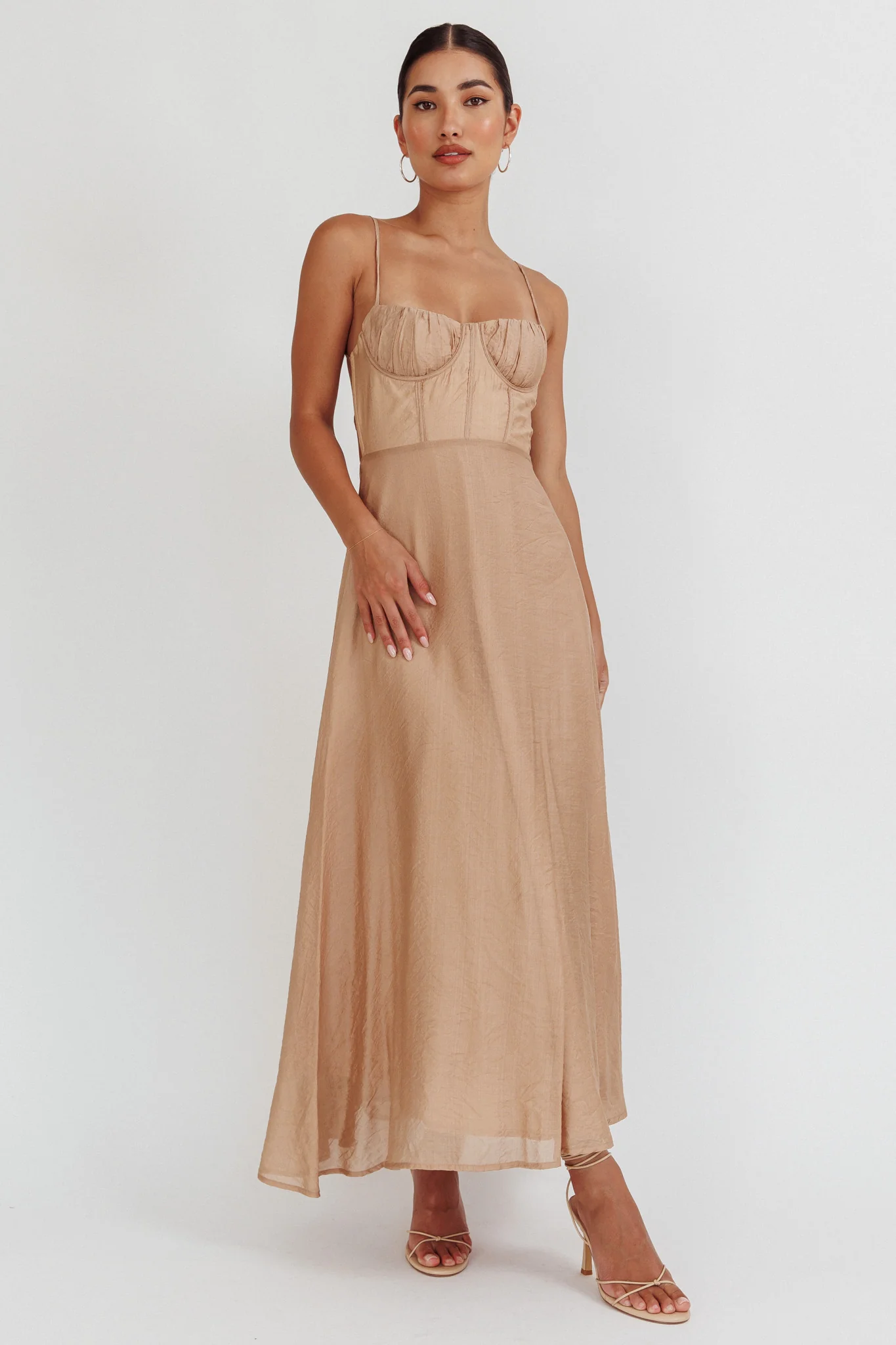 Echoes Tied Back A-Line Midi Dress Taupe - Image 3