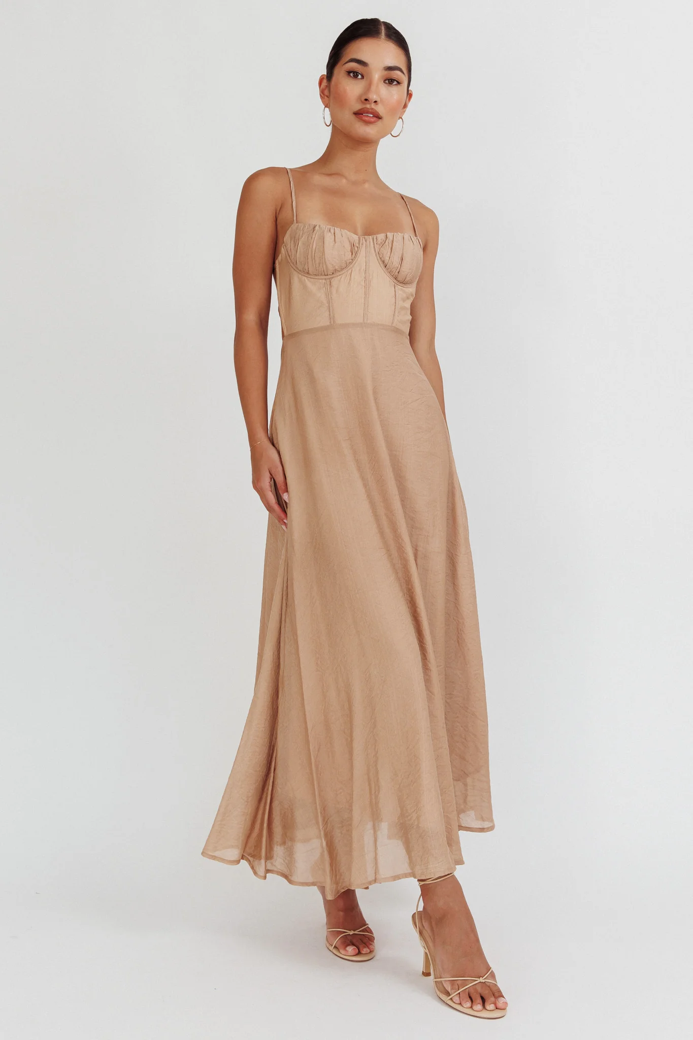 Echoes Tied Back A-Line Midi Dress Taupe - Image 5