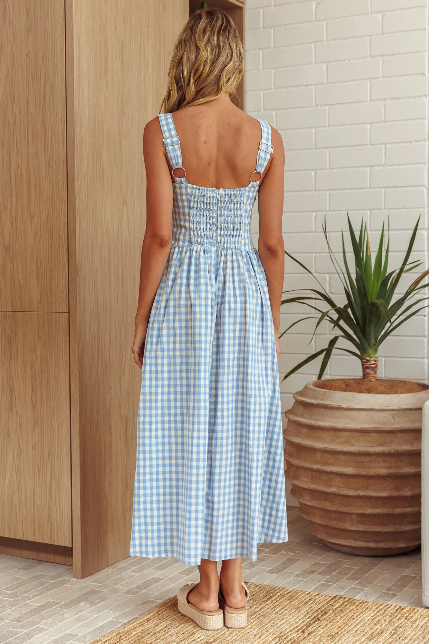Elderflower Front Pocket Maxi Dress Gingham Baby Blue - Image 3
