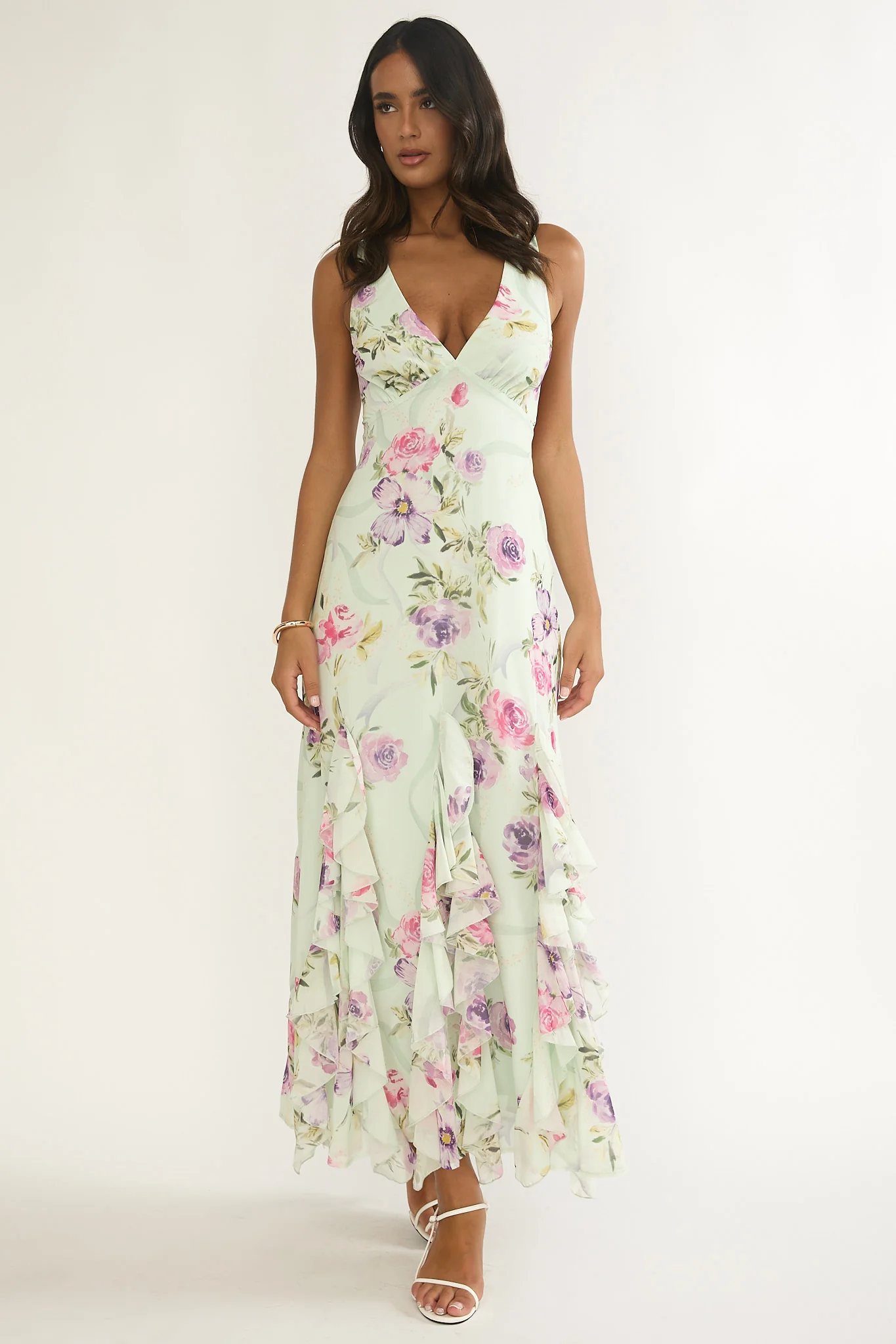 Elenya Strappy Back Ruffle Trim Maxi Dress Mint Floral - Image 2