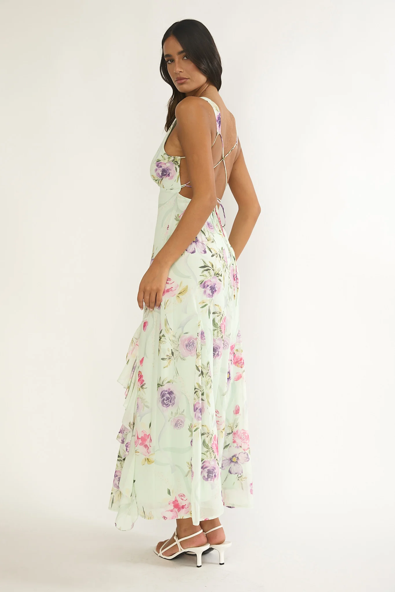 Elenya Strappy Back Ruffle Trim Maxi Dress Mint Floral - Image 3