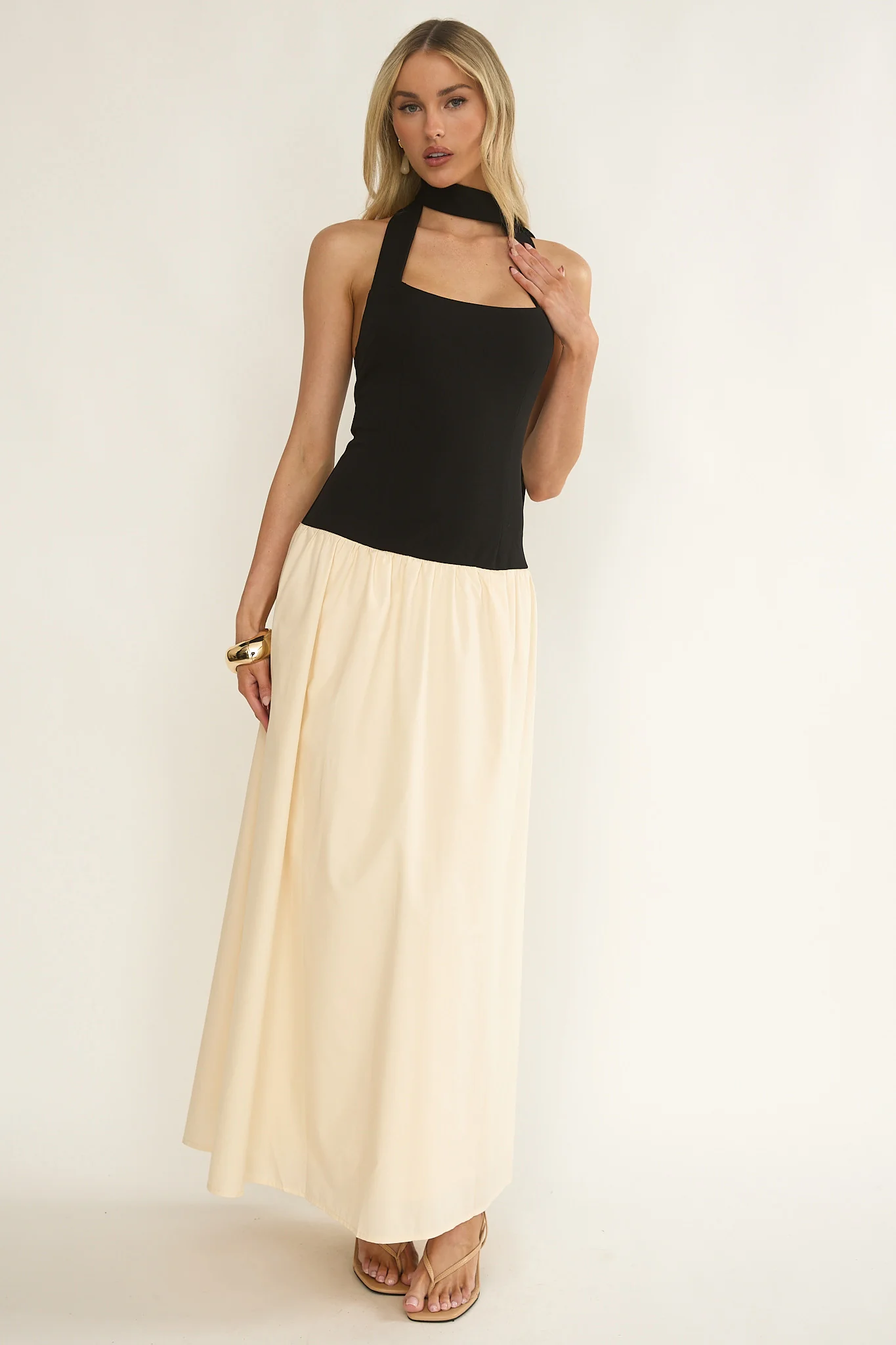 Elery Drop Waist Halter Maxi Dress Black/Cream - Image 5