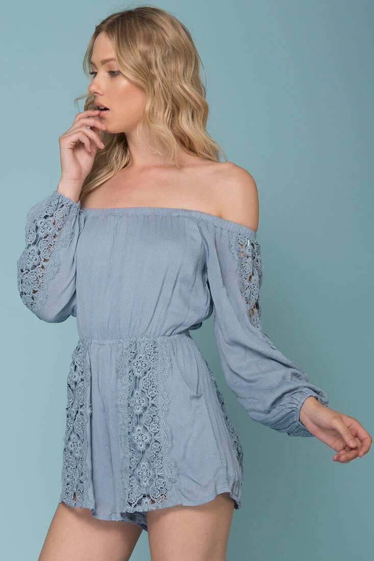 Eliana Off The Shoulder Lace Sleeve Romper Blue - Image 3