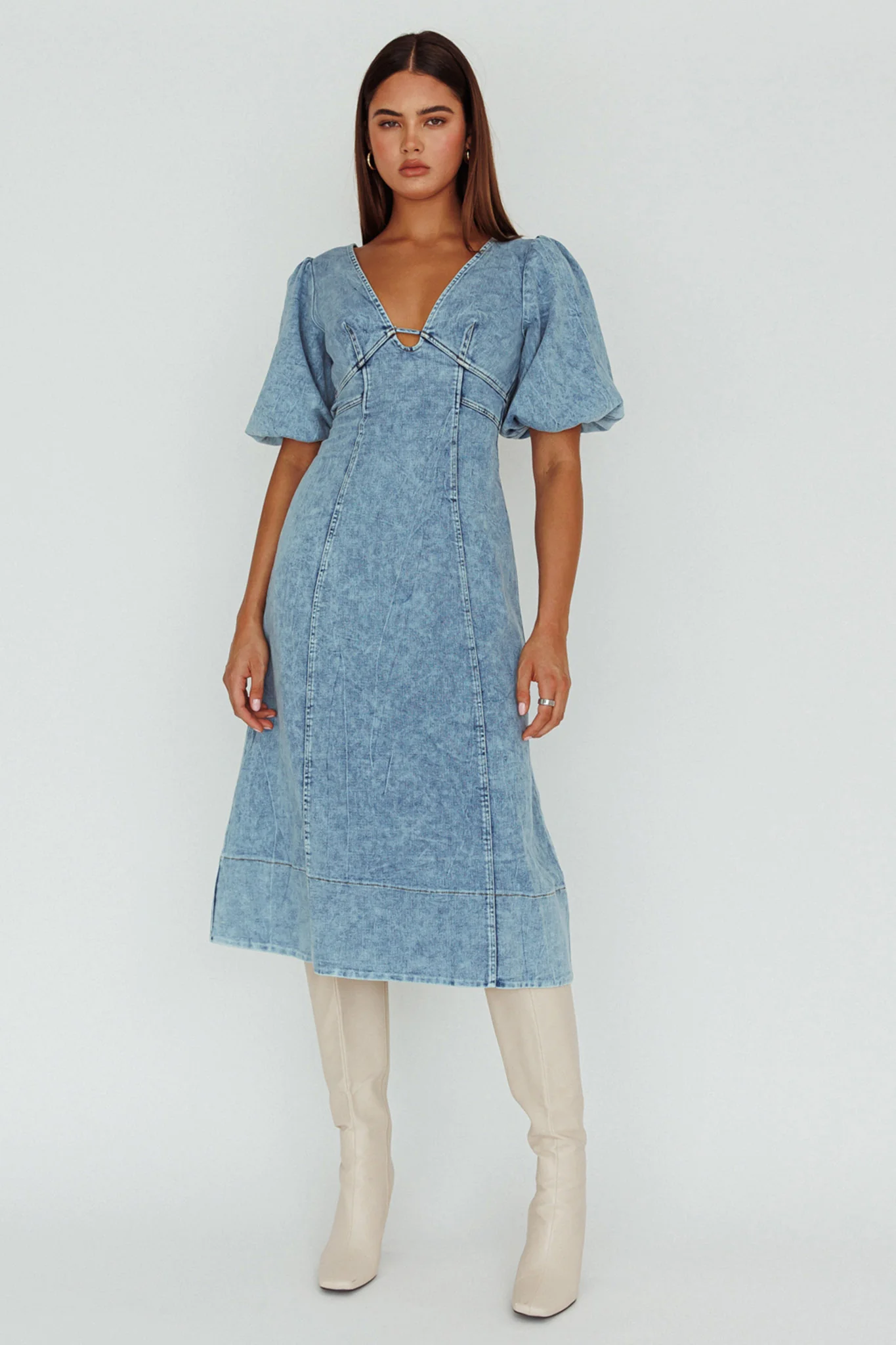 Elias Puff Sleeve Midi Dress Denim - Image 3