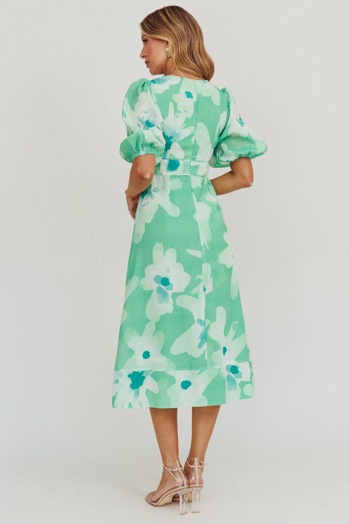 Elias Puff Sleeve Midi Dress Green - Image 3