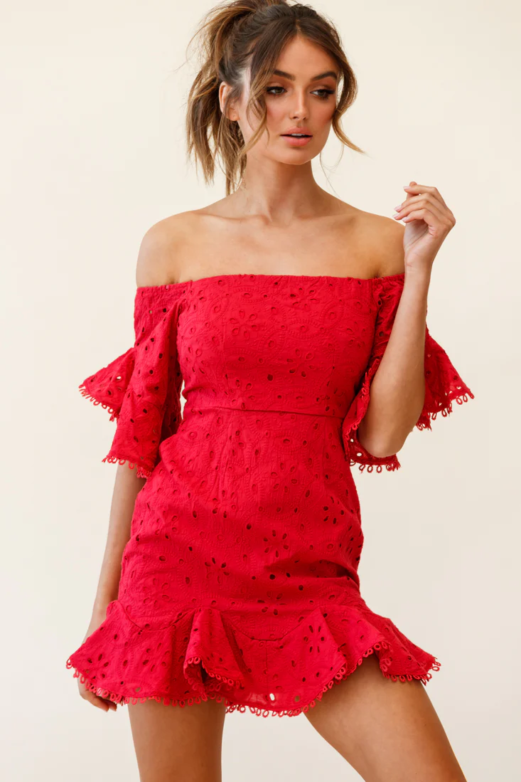 Elissa Off-Shoulder Broderie Anglaise Dress Red - Image 2