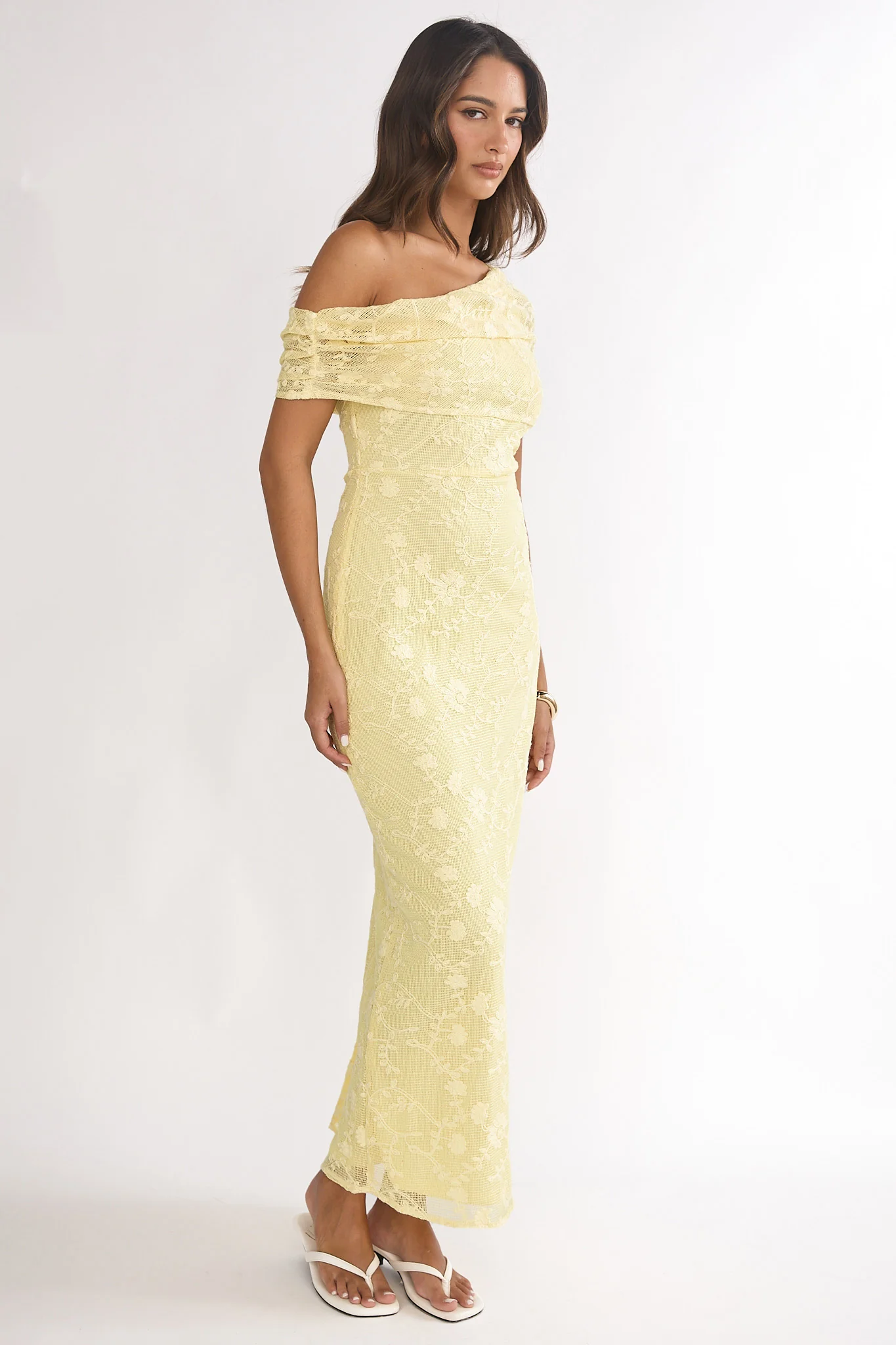 Elita Asymmetric Neckline Lace Maxi Dress Lemon - Image 6