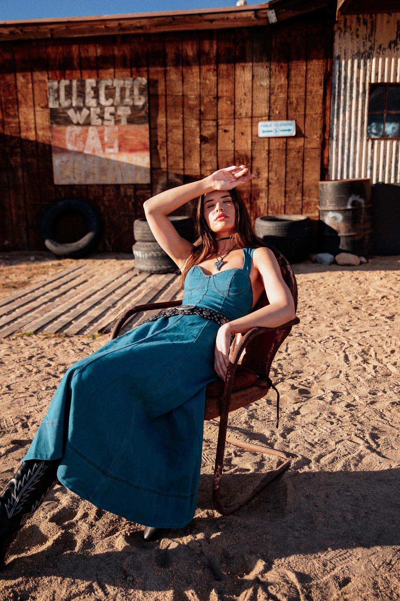 Ellora Criss-Cross Back Denim Maxi Dress Navy - Image 2