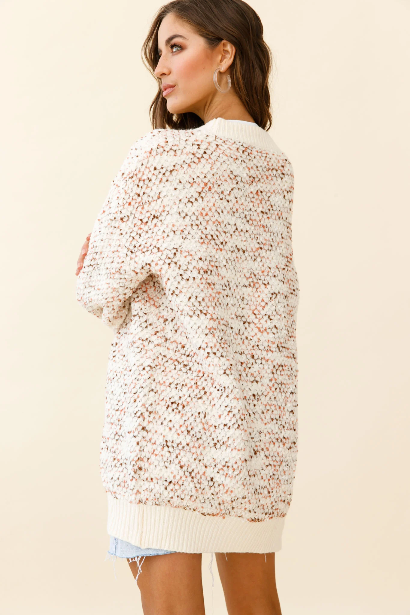 Elsey Lantern Sleeve Long Cardigan Textured Cream - Image 3