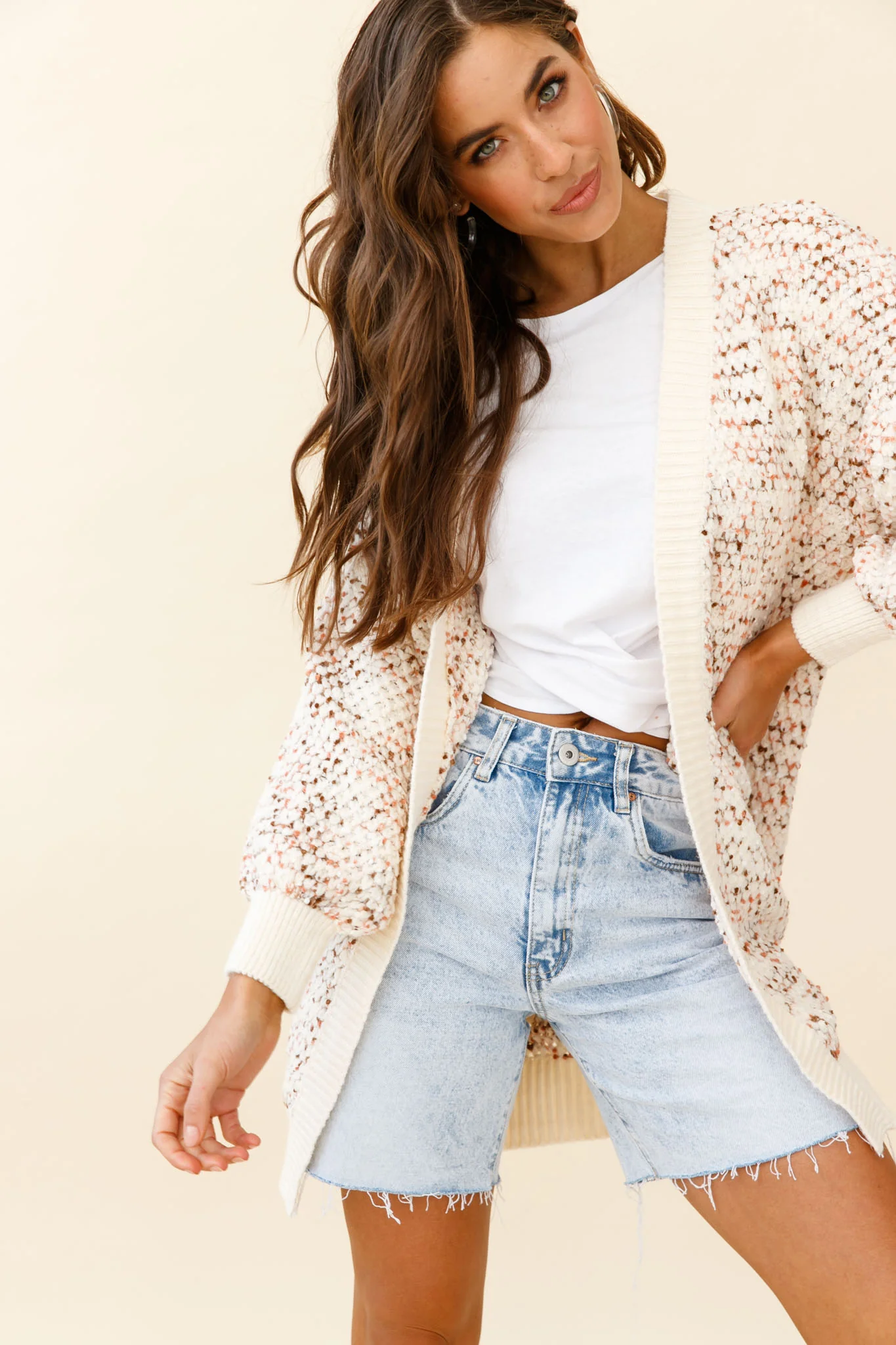 Elsey Lantern Sleeve Long Cardigan Textured Cream - Image 6