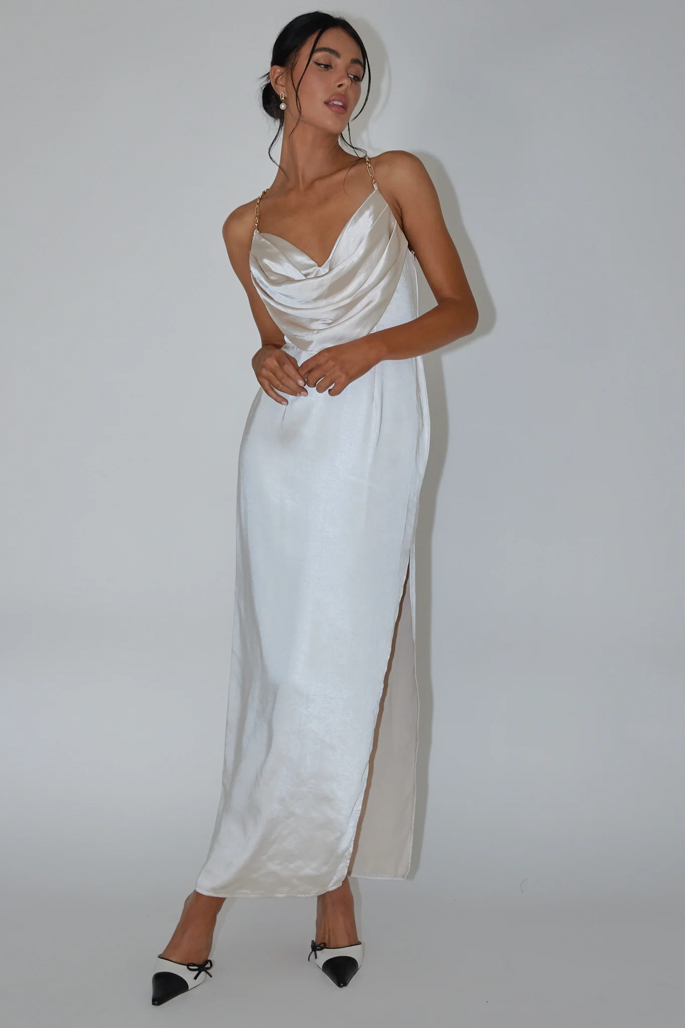 Emanuella Chain Strap Satin Midi Dress Champagne - Image 3