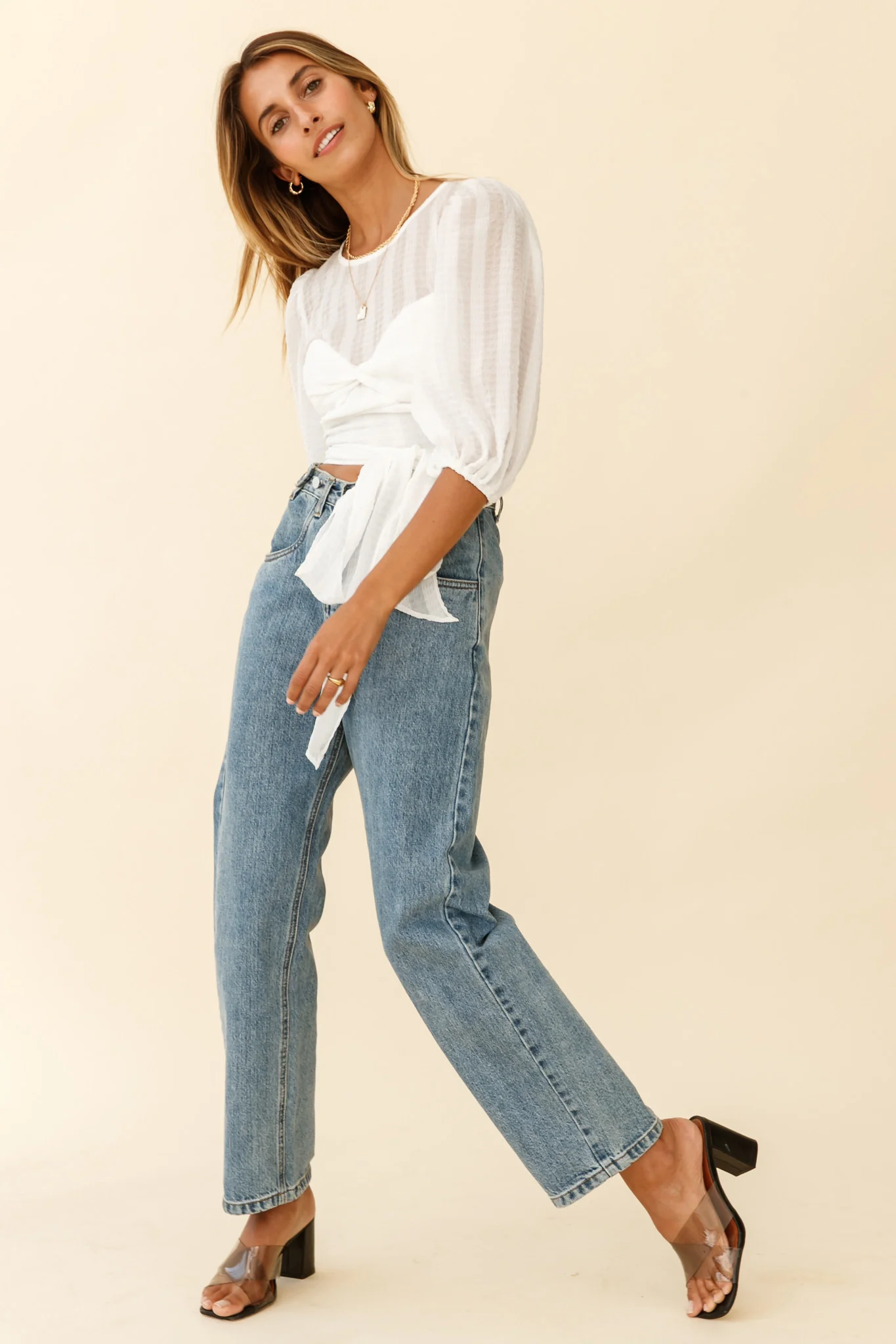 Emerson Puff Sleeve Waist Tie Top White - Image 5