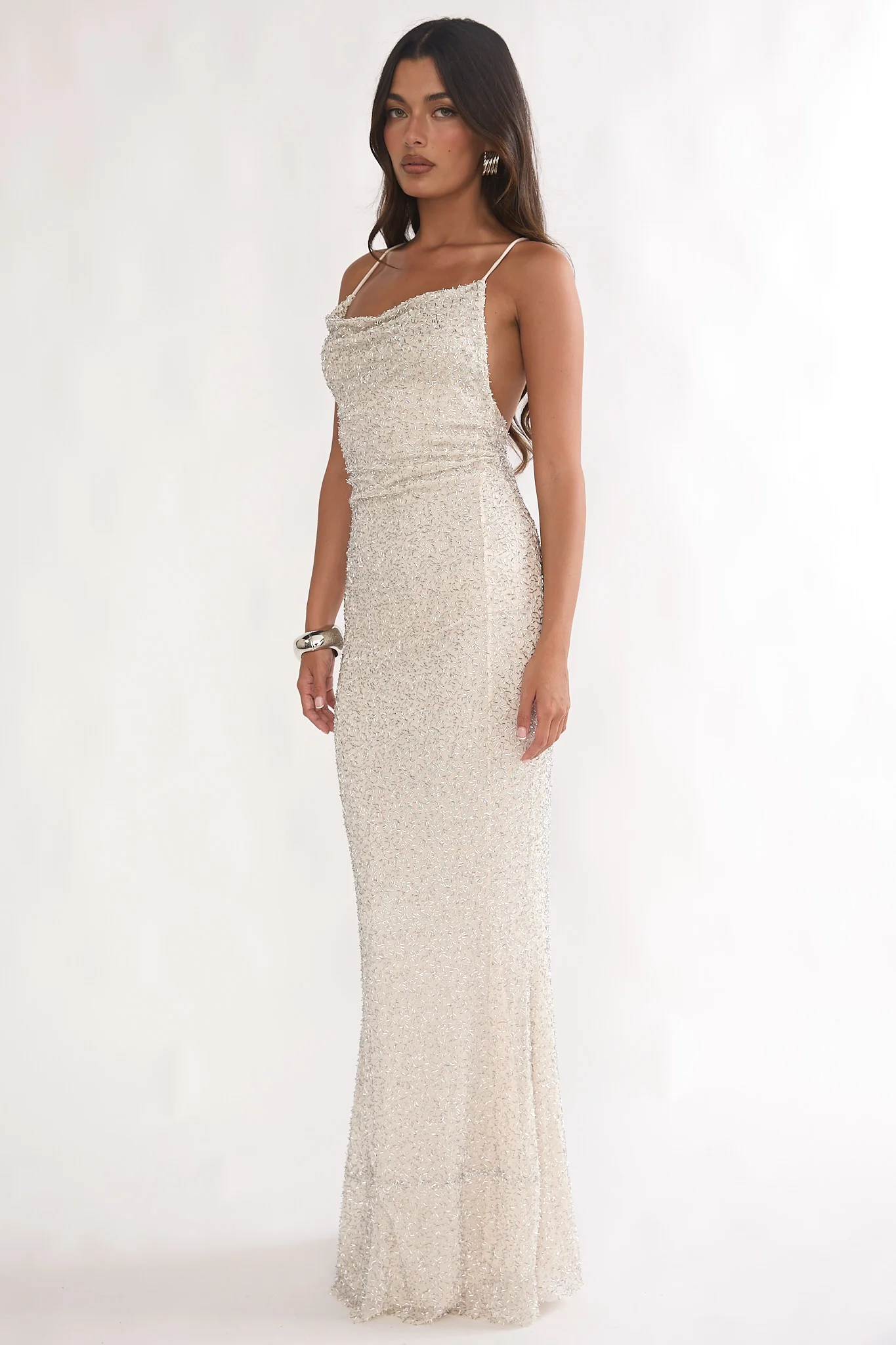 Emillia Strappy Open Back Maxi Dress Sequin Ivory - Image 6