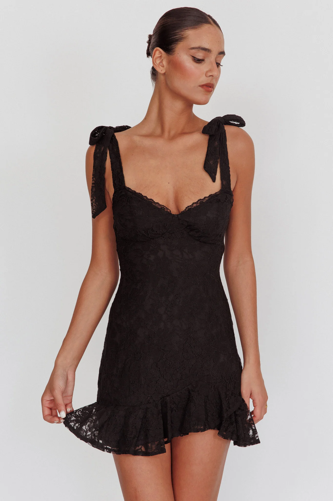 Emine Bow Shoulder Lace Mini Dress Black - Image 5