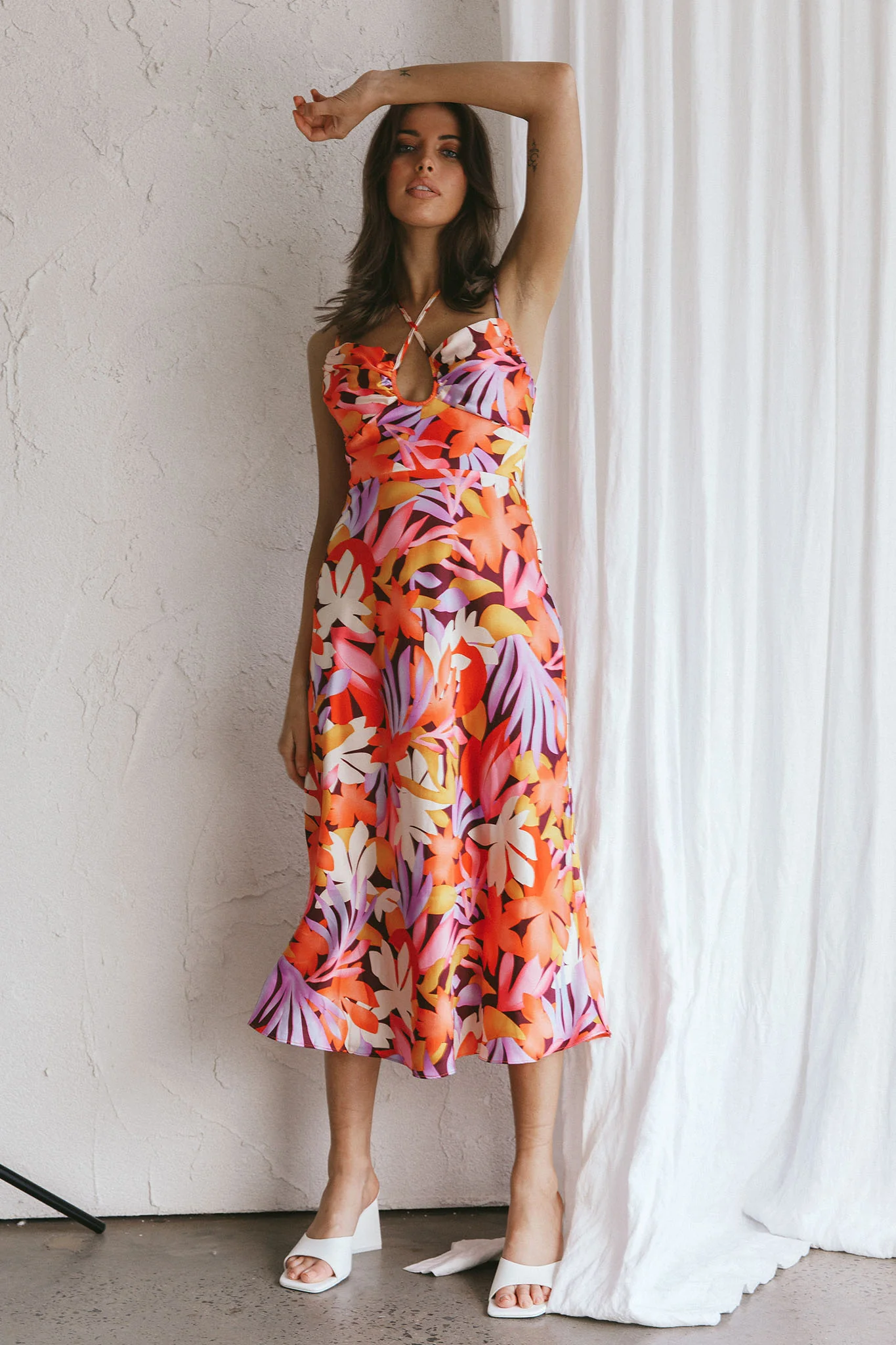 Emmalie Satin Midi Dress Floral Orange - Image 5