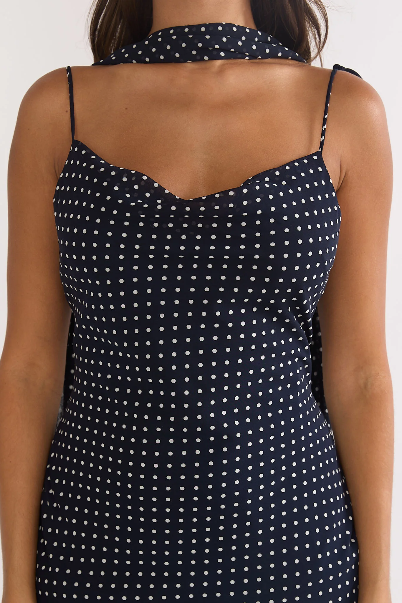 Emmara Tied Shoulder Maxi Dress Polka Dot Navy - Image 3