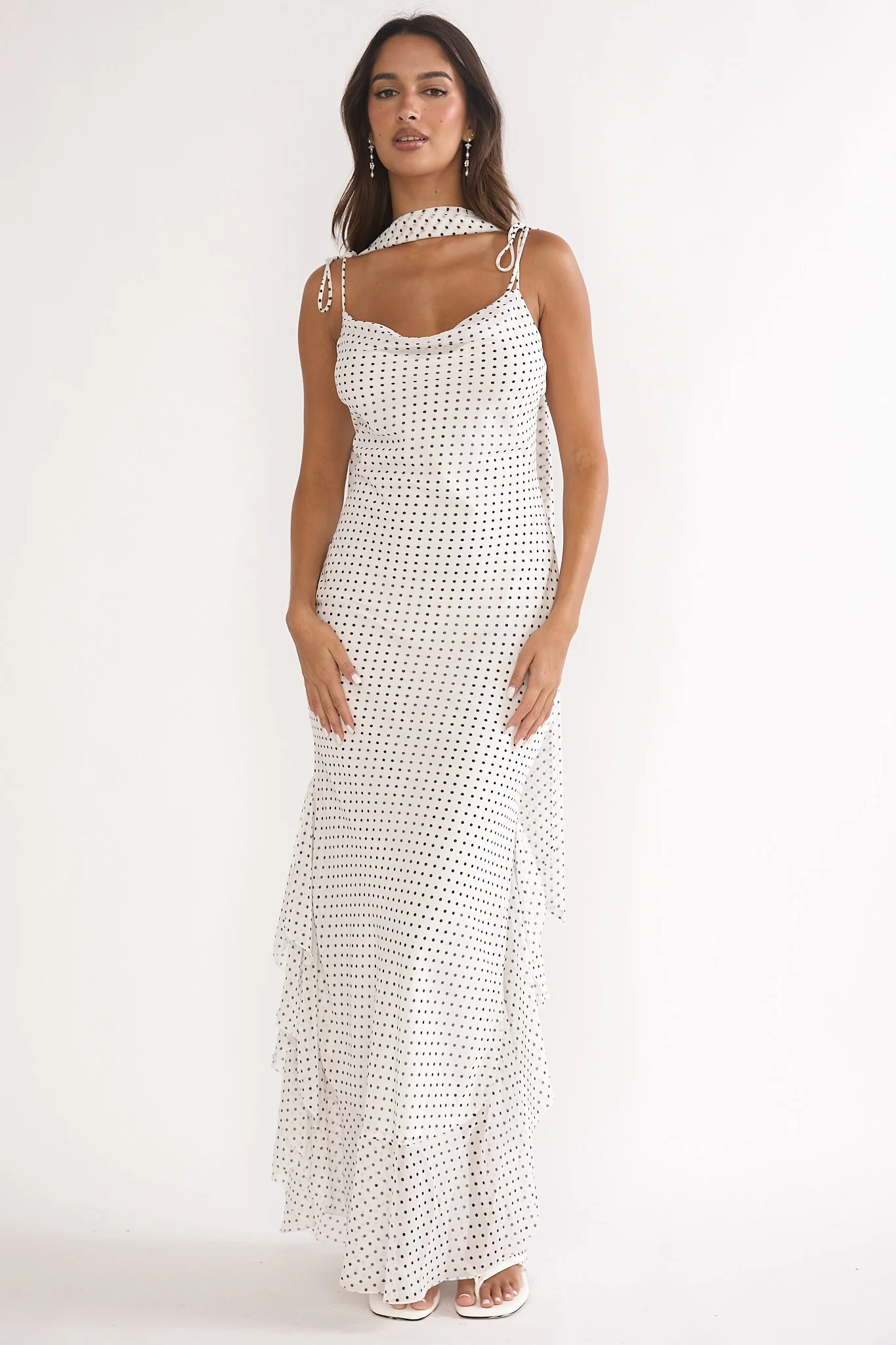 Emmara Tied Shoulder Maxi Dress Polka Dot White - Image 6