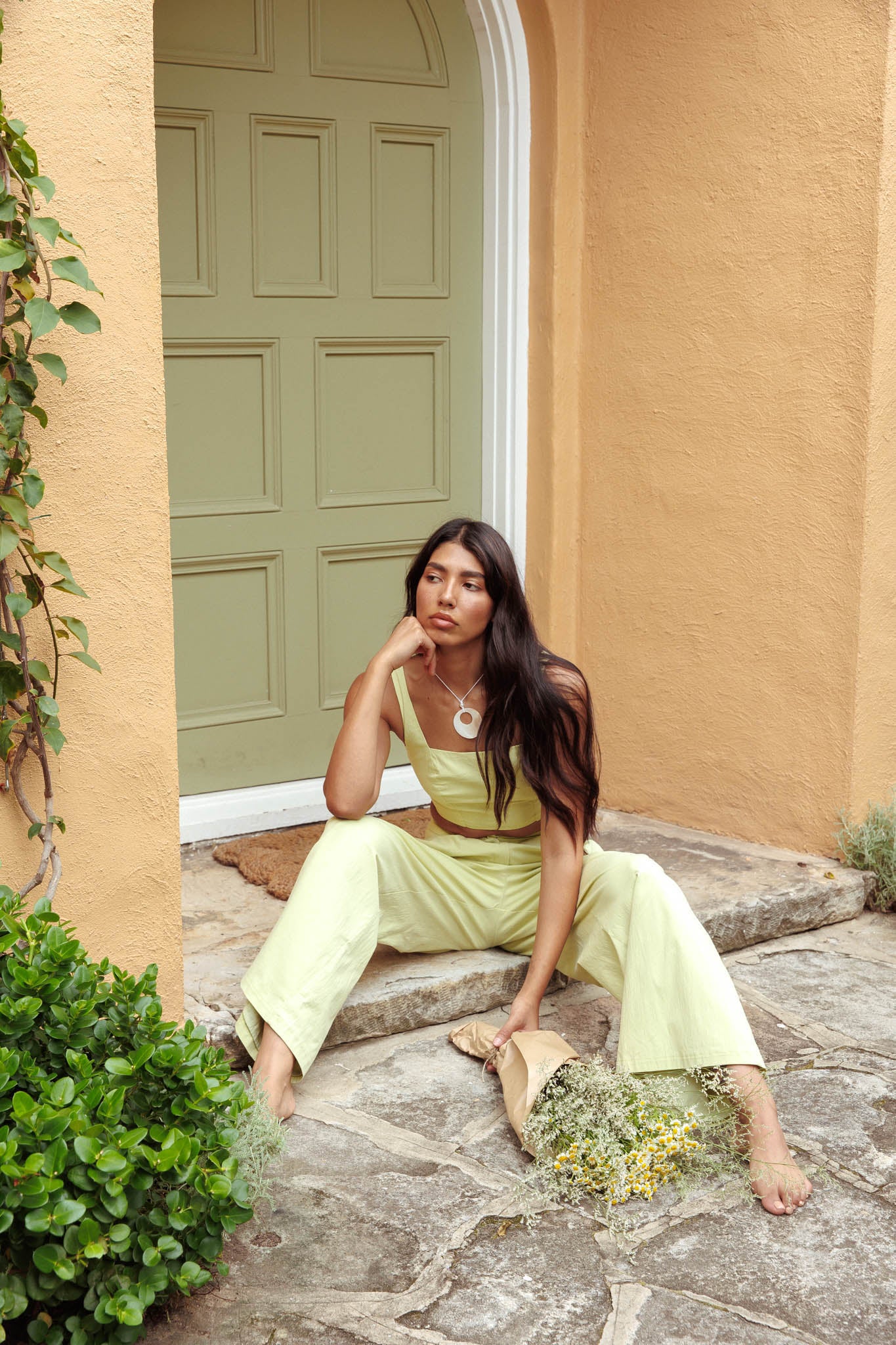 Empire Shirred Back Crop Top Sage - Image 2