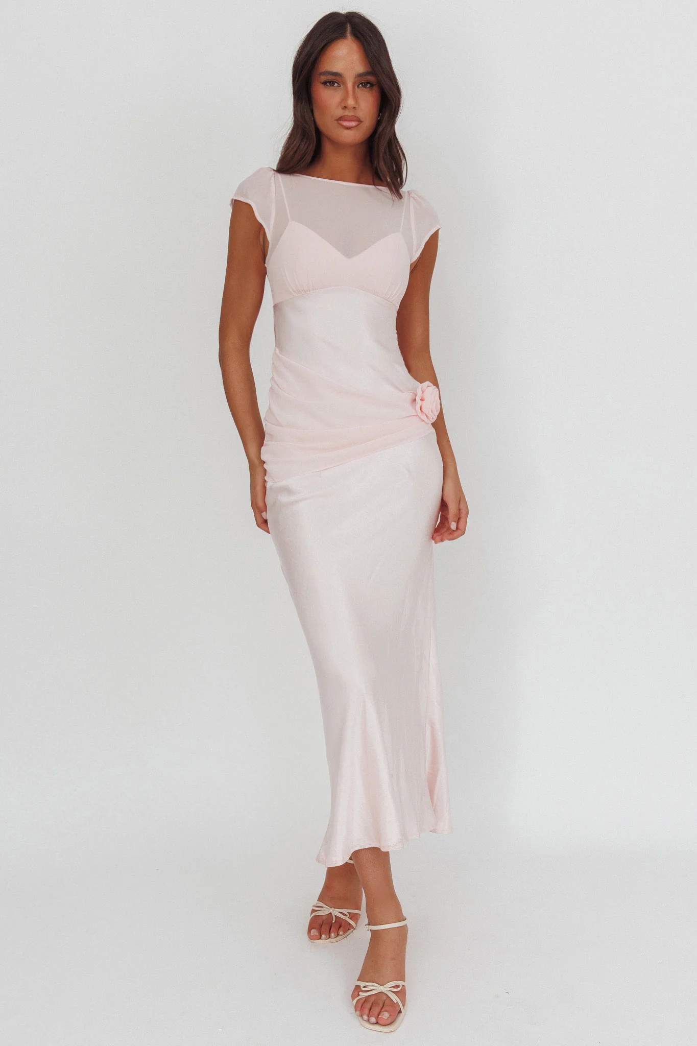 Enchanted Dusk Cap Sleeve Rosette Maxi Dress Pink - Image 3