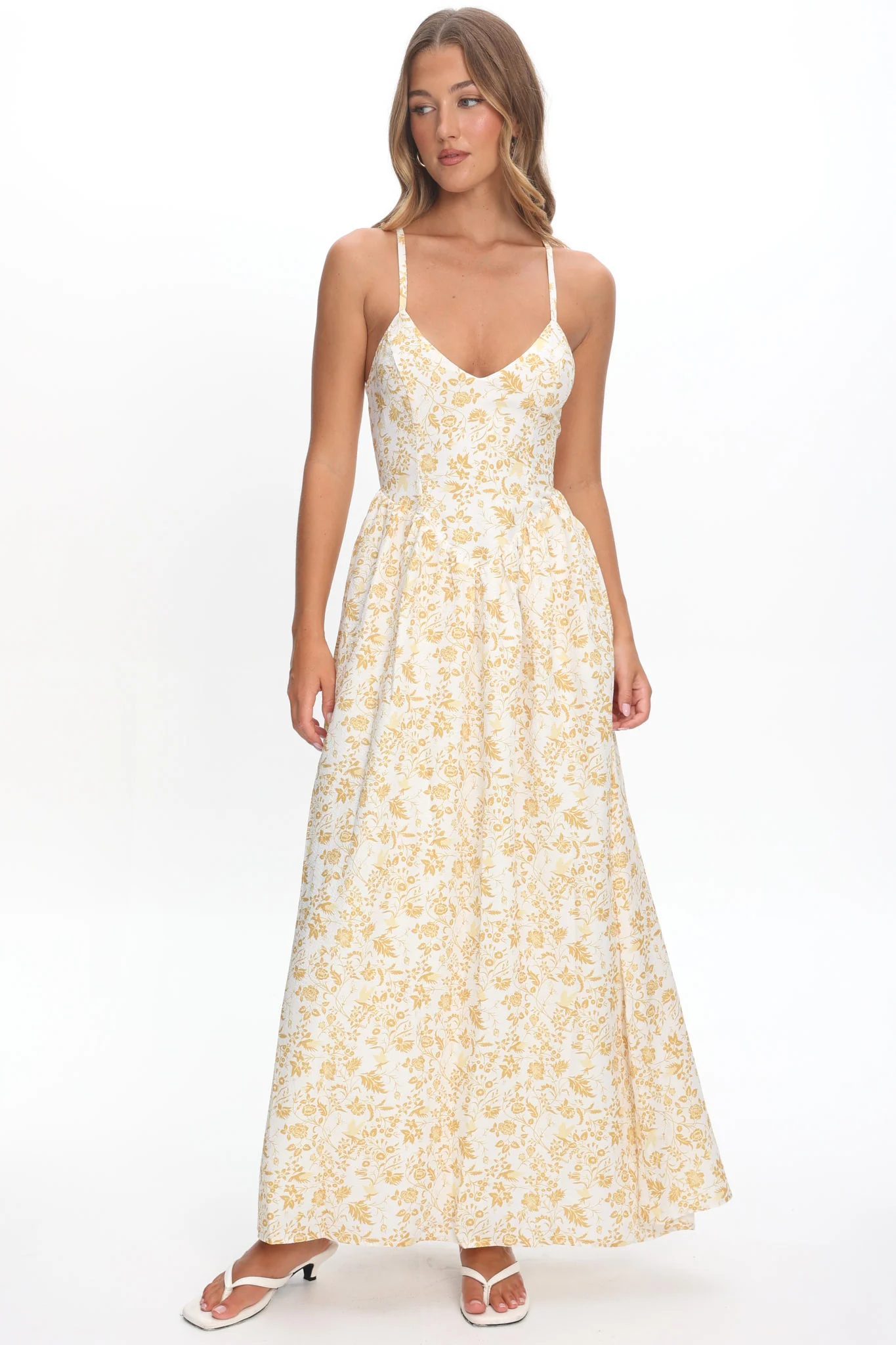 Enchanted Leaf Floral Print A-Line Maxi Dress Yellow - Image 4