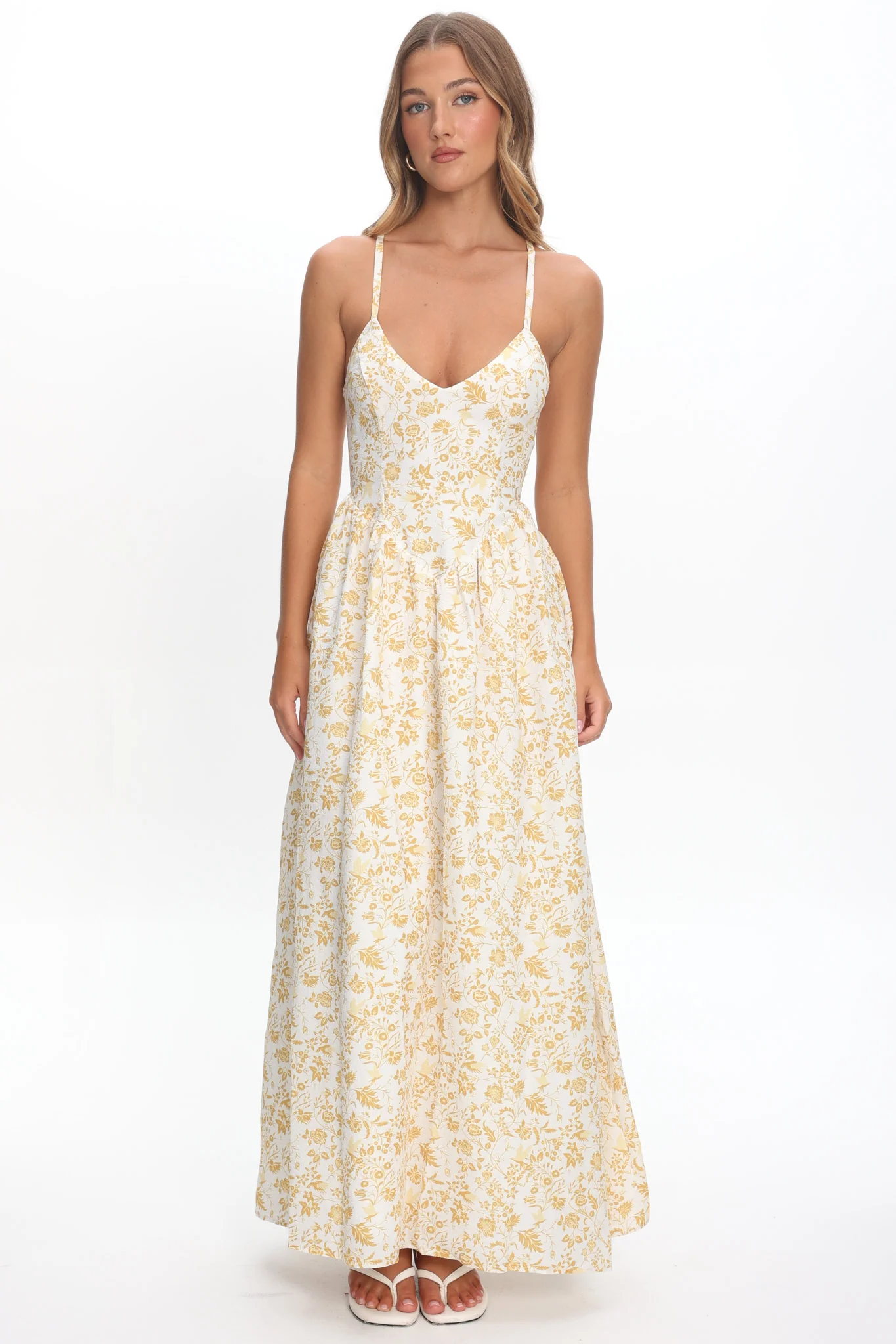 Enchanted Leaf Floral Print A-Line Maxi Dress Yellow - Image 5