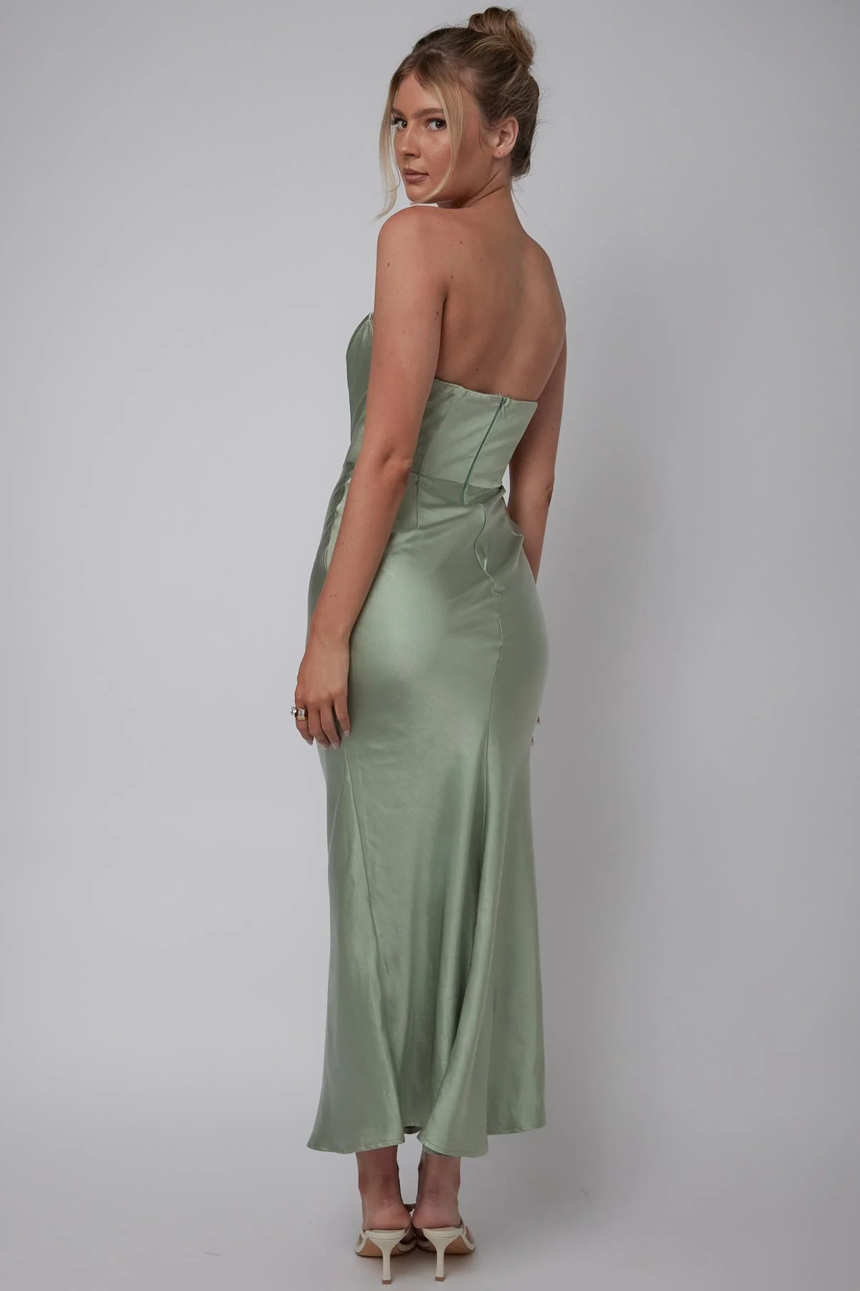 Encore Strapless Satin Maxi Dress Olive - Image 3