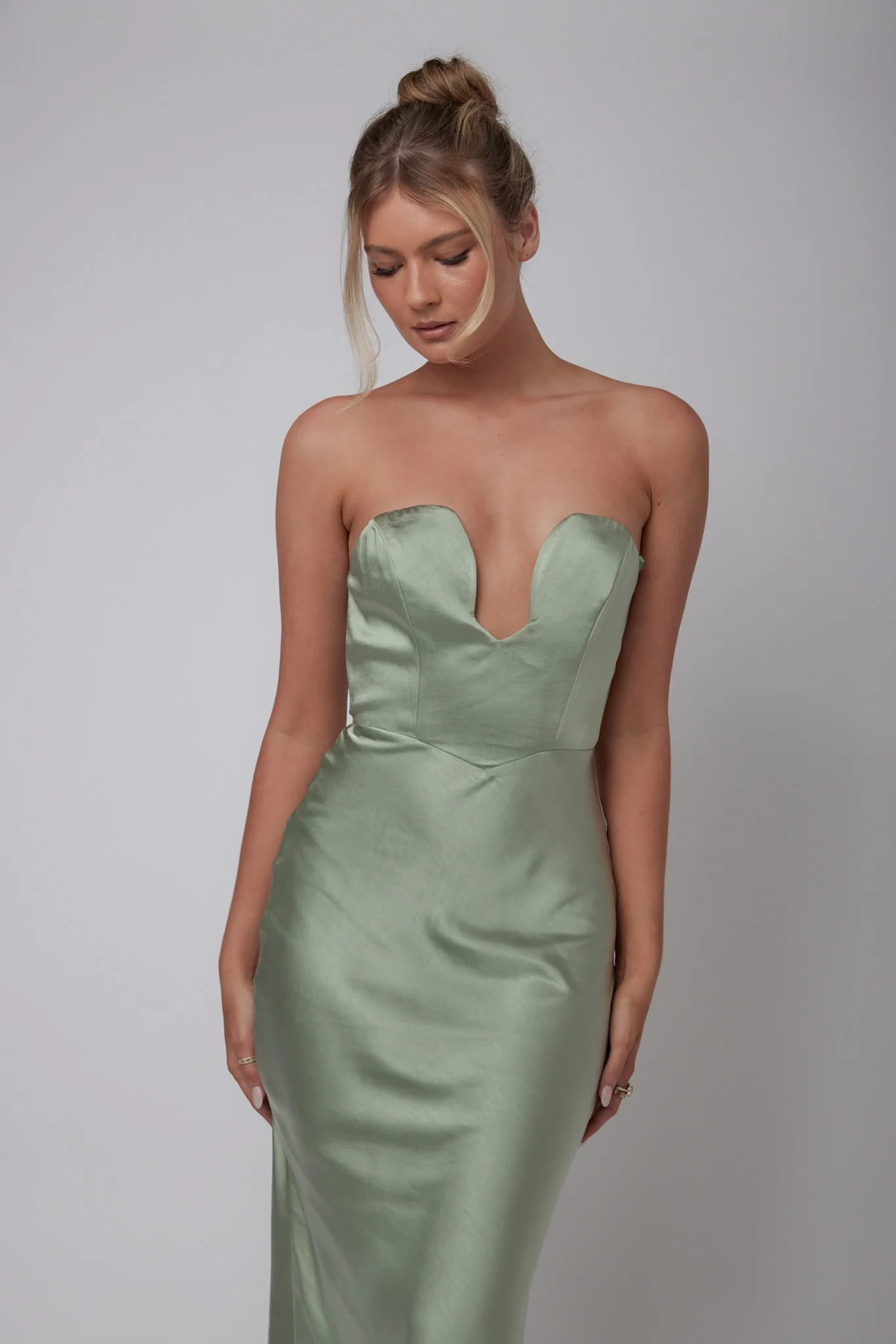 Encore Strapless Satin Maxi Dress Olive - Image 6