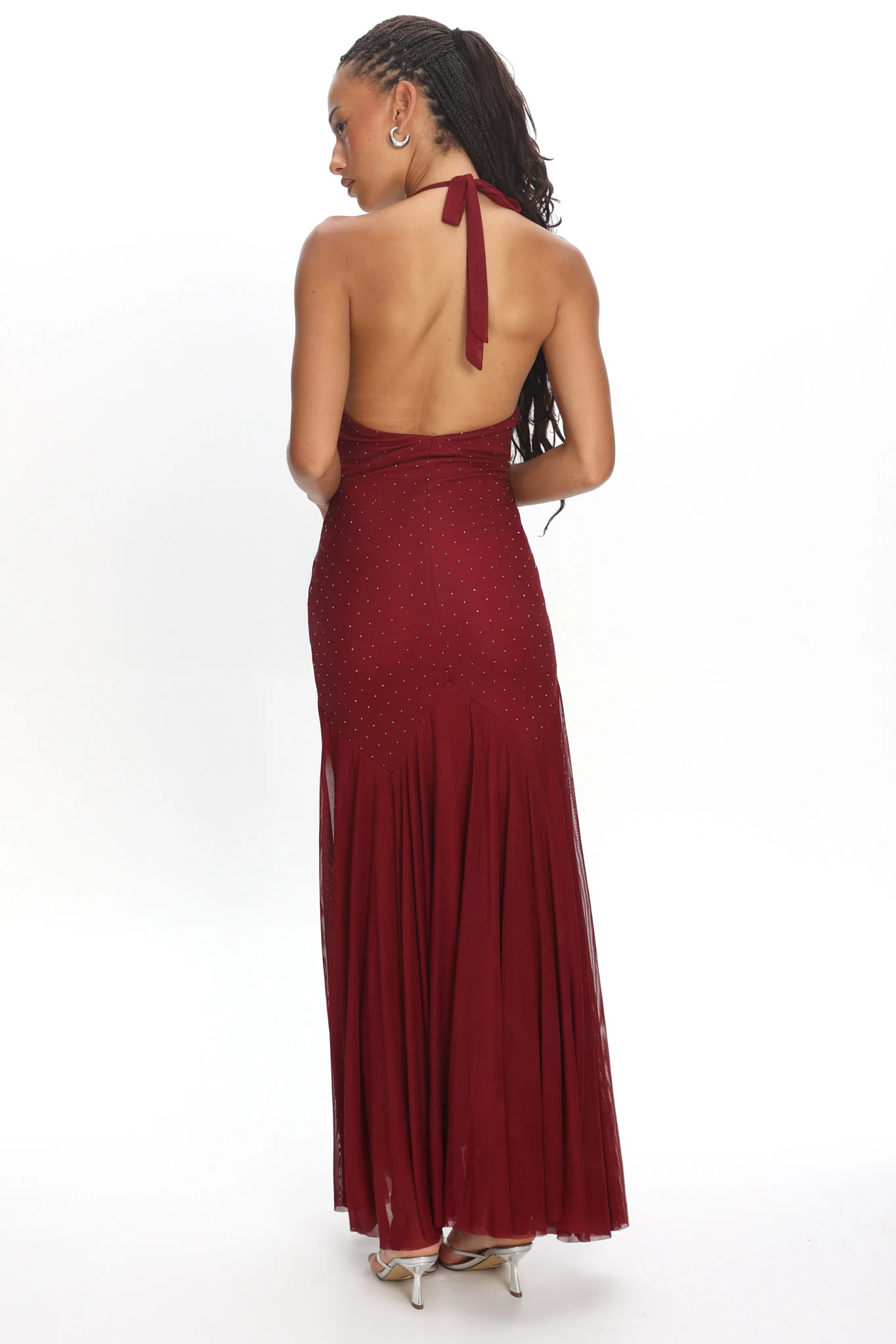 Endira Halter Sheer Hem Midi Dress Burgundy - Image 3