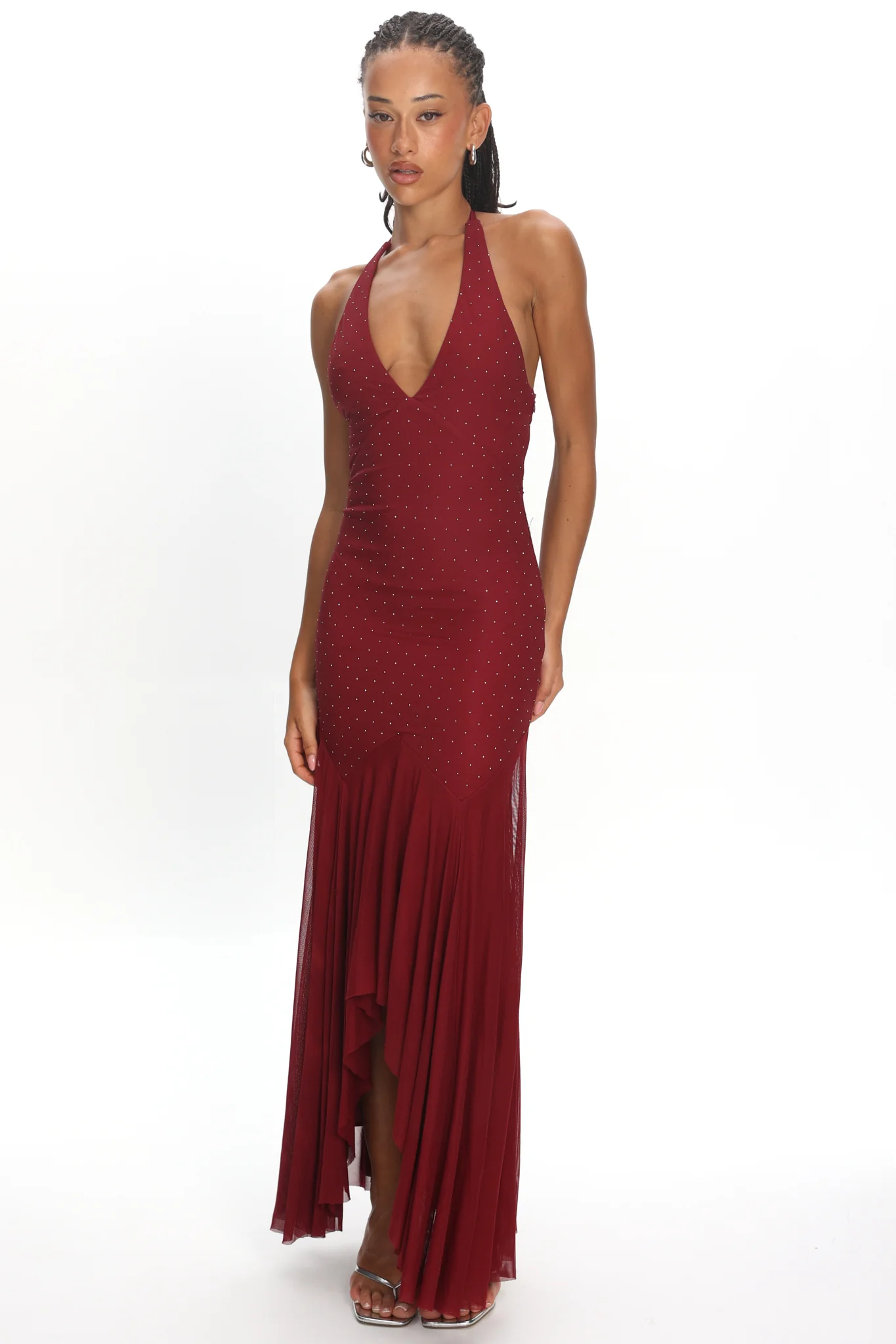 Endira Halter Sheer Hem Midi Dress Burgundy - Image 5